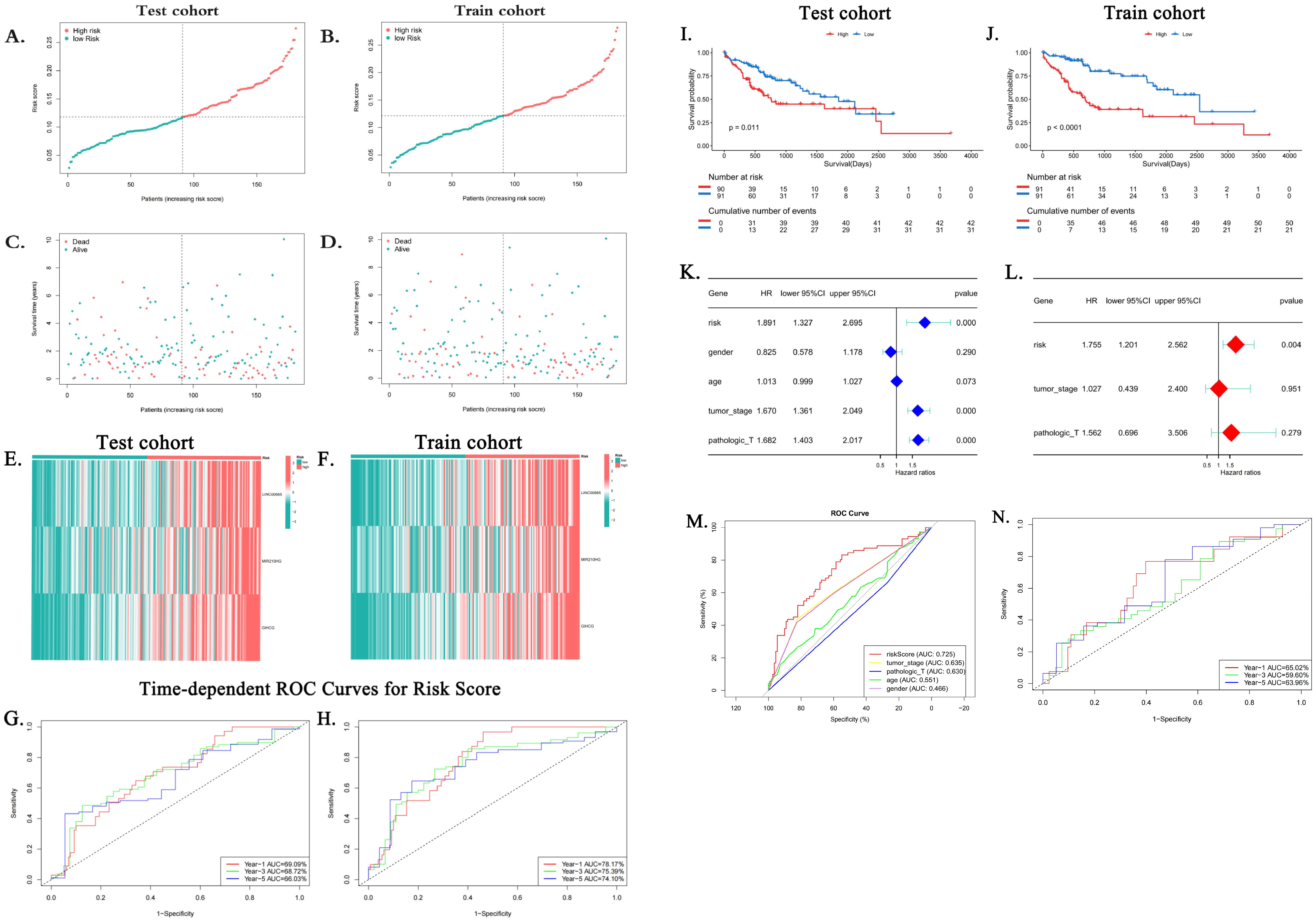 A multi-panel image displaying statistical analyses of test and train cohorts. Panels A and B show risk score distributions. Panels C and D display survival status scatter plots. Panels E and F feature heatmaps with time-dependent data. Panels G and H present ROC curves over time. Panels I and J illustrate Kaplan-Meier survival curves. Panels K and L show forest plots with hazard ratios. Panel M provides an ROC curve comparison, and Panel N is a calibration plot. Each section compares test and training datasets for model evaluation.