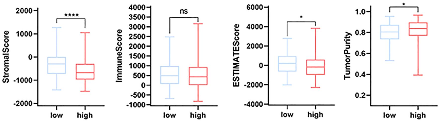 Four box plots show differences in scores between low and high groups. The StromalScore plot shows a significant increase in the high group. ImmuneScore shows no significant difference. ESTIMATEScore and TumorPurity plots indicate significant increases in the high group.