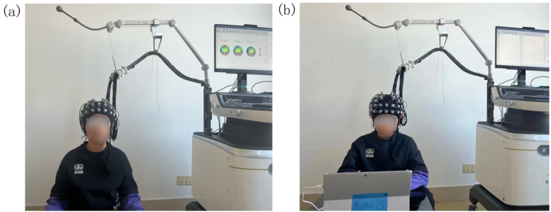 (a) A person wearing a sensor-covered cap sits in front of medical equipment with a monitor displaying brain activity images. (b) The same person uses a laptop with the same setup in the background.