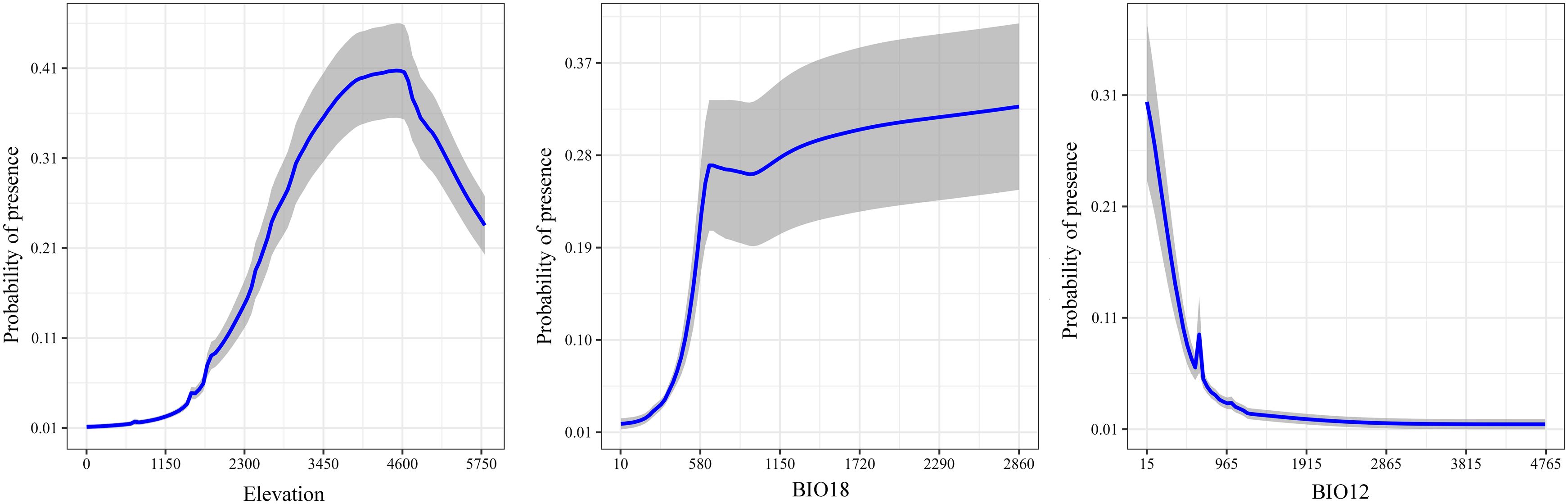 Three graphs showing the probability of presence relative to different environmental variables with blue trend lines and gray confidence intervals. The first graph plots elevation, showing a peak around 3450 before declining. The second graph plots BIO18, displaying a sharp rise around 580, leveling off after 1720. The third graph plots BIO12, showing an initial peak around 965 before a steep decline.
