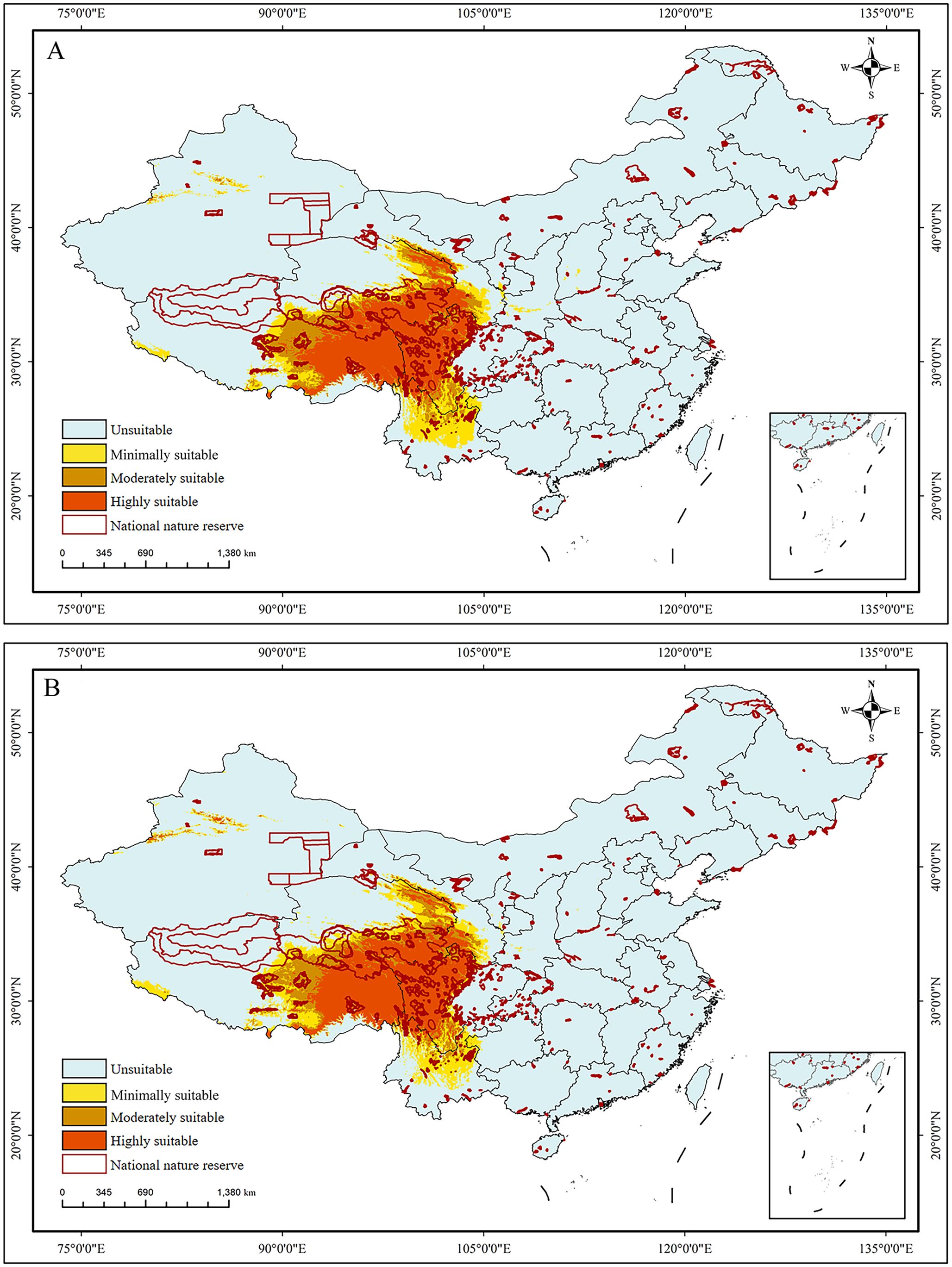 Map of China showing suitability distribution in two panels, A and B. Colors indicate suitability: blue for unsuitable, yellow for minimally suitable, orange for moderately suitable, and red for highly suitable areas. National nature reserves are outlined in red. Panel B appears similar to Panel A in terms of distribution. An inset shows Taiwan.