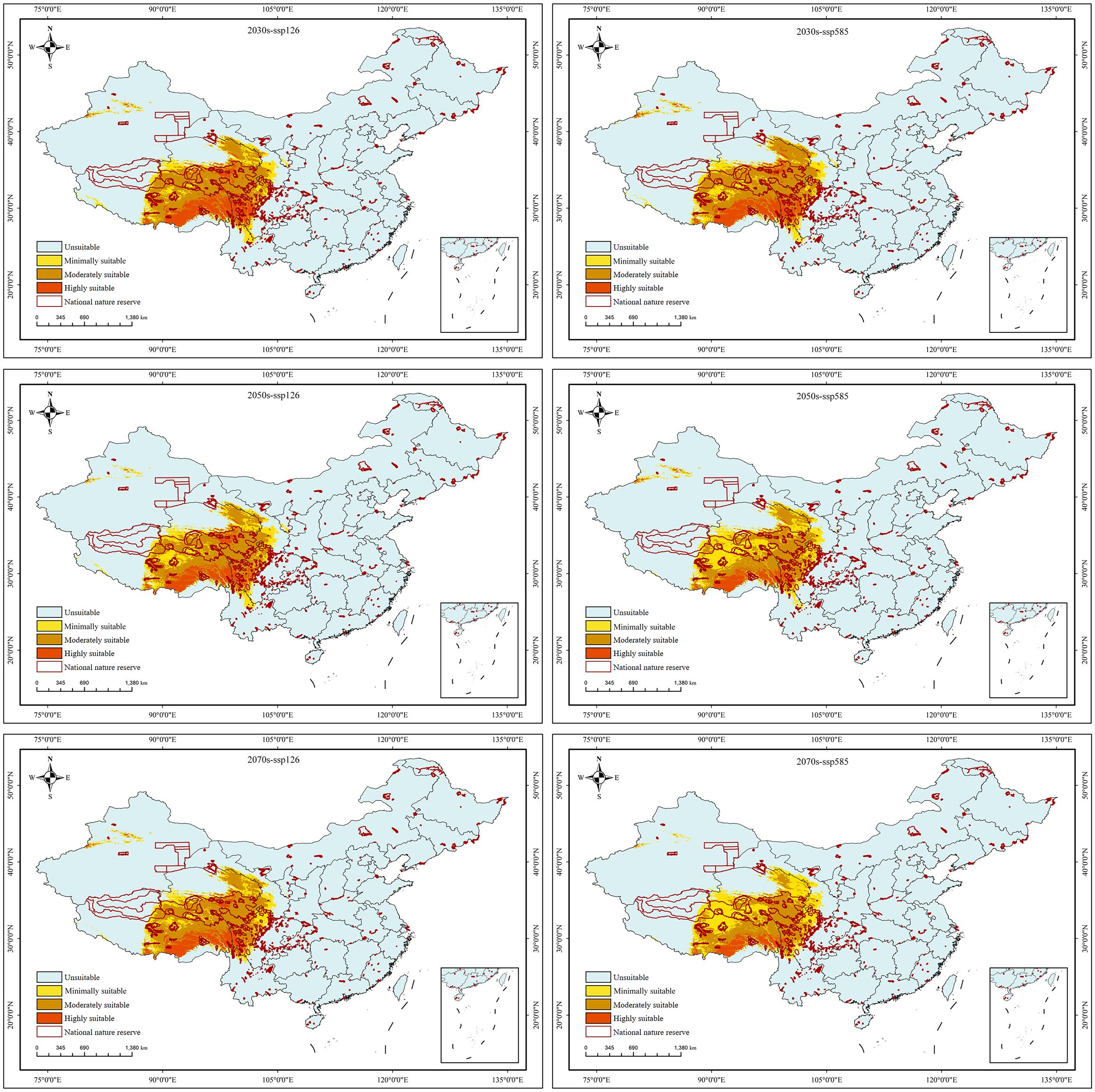 Set of six maps showing suitability for an unspecified variable across China from 2030 to 2070 under different scenarios. Areas range from unsuitable to highly suitable, depicted in colors from yellow to red. Each map includes location indicators and a legend. Maps illustrate potential changes in distribution over time.