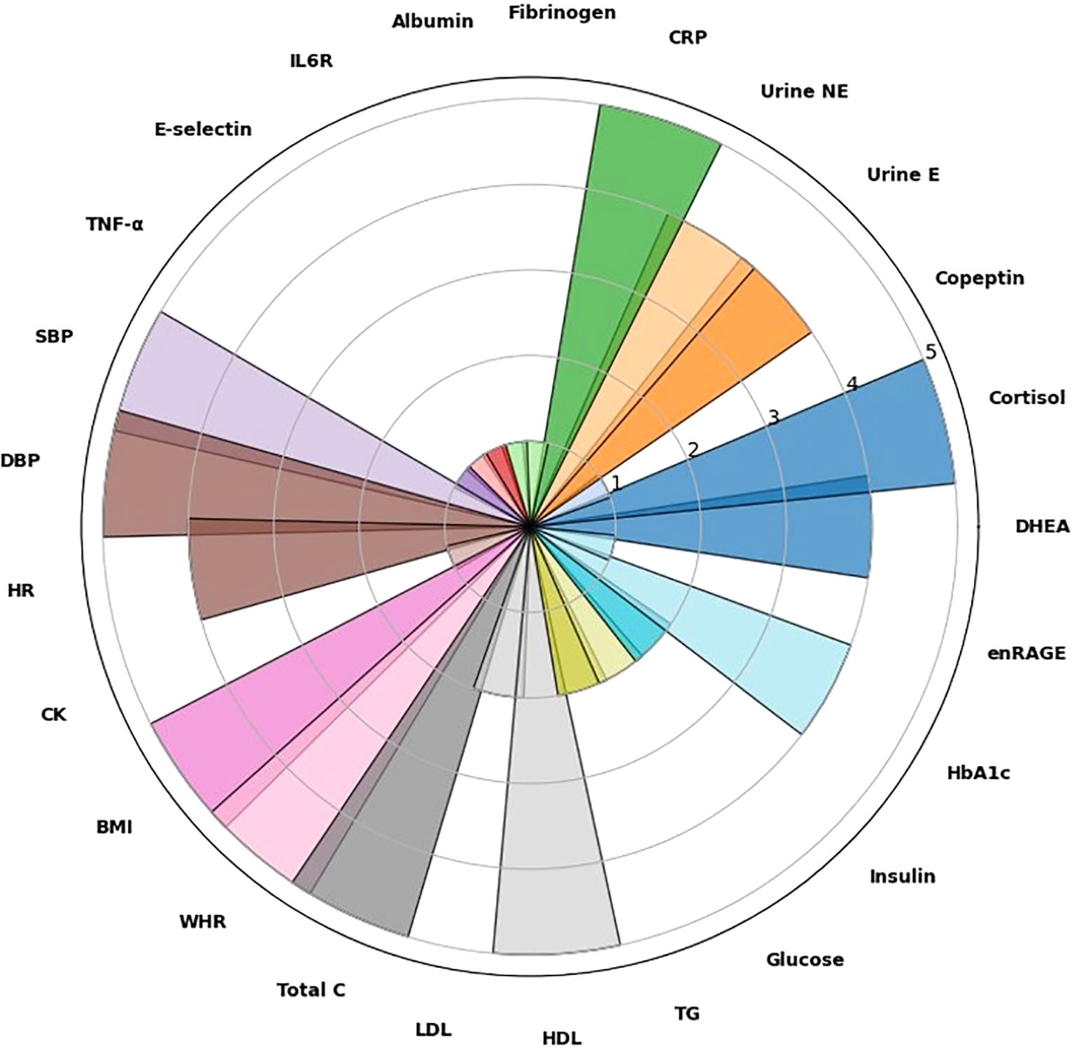 A colorful circular bar chart displaying various health metrics. Each segment corresponds to different biomarkers, including Albumin, Fibrinogen, CRP, and more, with values ranging from one to five. The chart displays data radiating from the center in a wheel-like format.