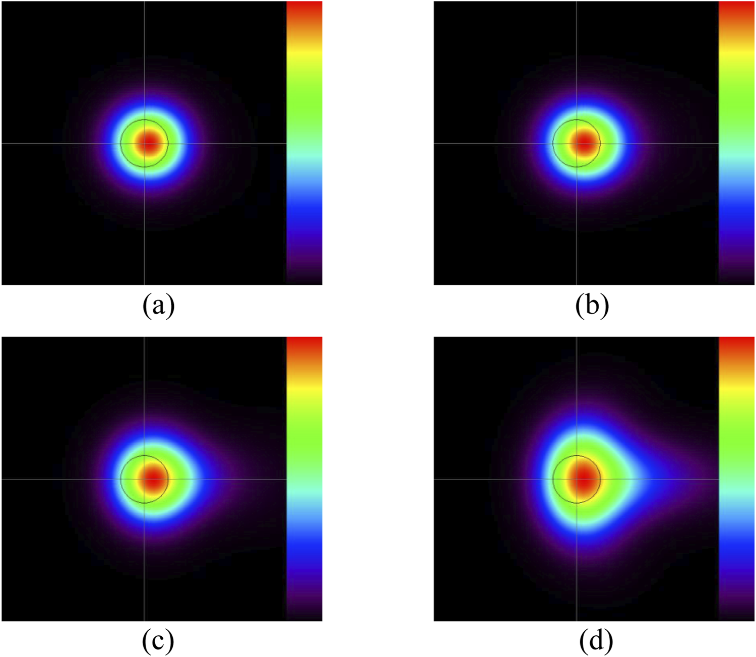 Four maps depict distributions at varying distances from the center, marked as \(d = 3\) mm, \(d = 6\) mm, \(d = 9\) mm, and \(d = 12\) mm. Each map shows a central red region transitioning to yellow, green, and blue as it moves outward. A color scale on the right indicates intensity.