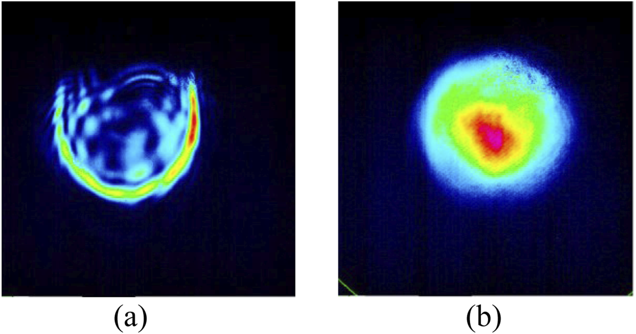 Two false-color images compare lens effects. The left image labeled "normal lens" shows an irregular pattern with varying brightness. The right image labeled "off-centered lens" shows a more symmetrical pattern with a bright center. Both images use a dark background to emphasize the color variations.