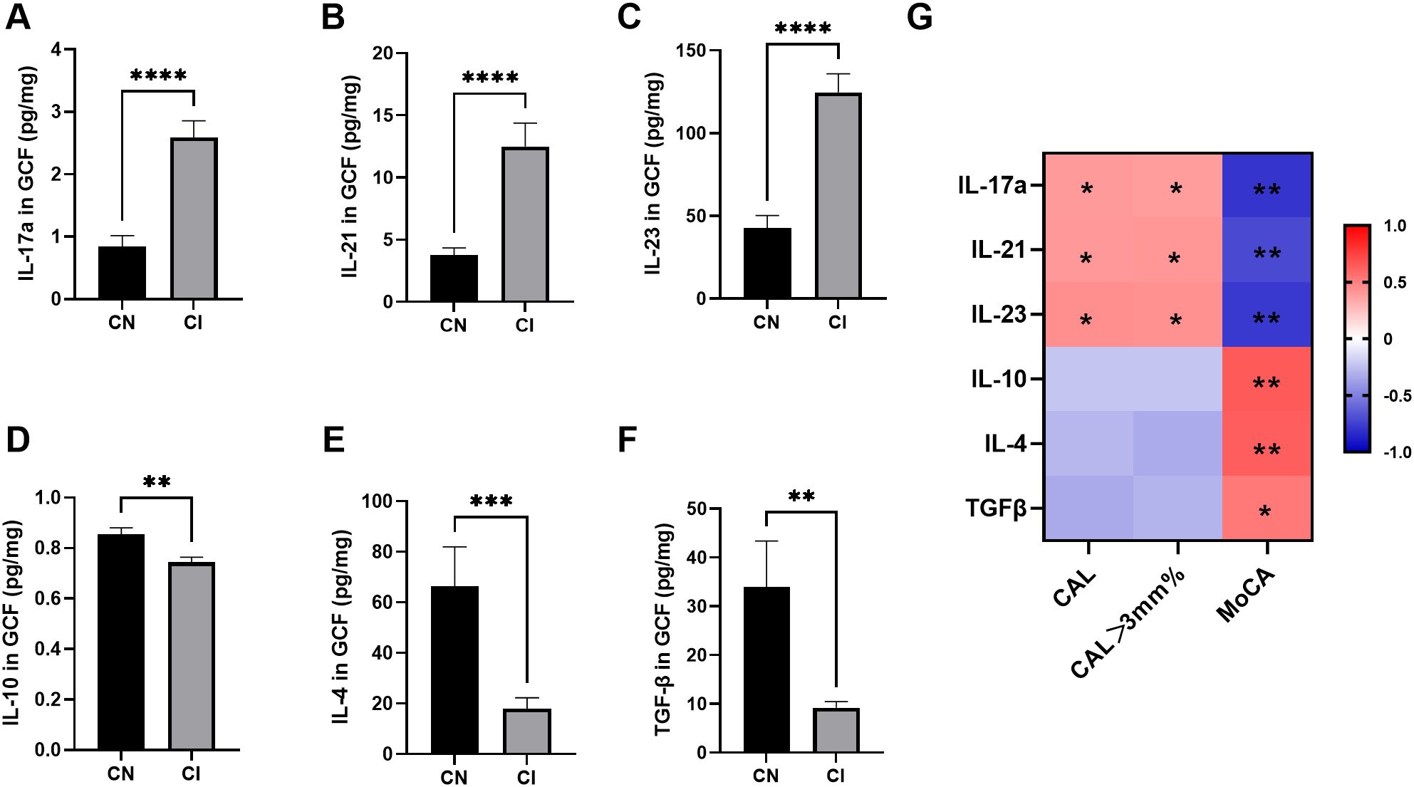 Bar charts labeled A to F compare levels of cytokines (IL-17a, IL-21, IL-23, IL-10, IL-4, and TGF-β) in gingival crevicular fluid between cognitively normal (CN) and cognitively impaired (CI) groups, showing significant differences. Chart G is a heatmap depicting correlations among the cytokines, clinical attachment level (CAL), and Montreal Cognitive Assessment (MoCA) scores, with color intensity and asterisks indicating correlation strength and significance.