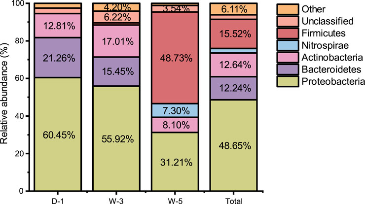 Stacked bar chart showing the relative abundance of various bacterial groups across samples D-1, W-3, W-5, and Total. Proteobacteria are most abundant, followed by Bacteroidetes, Actinobacteria, and others. Percentages indicate specific abundances for each group in different samples.