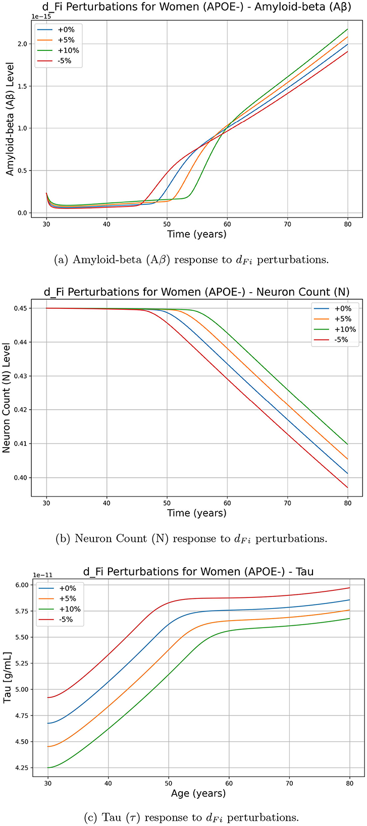 Three line graphs illustrate the response of amyloid-beta levels, neuron count, and tau levels to dFi perturbations for women with APOE-negative status over time. The first graph shows amyloid-beta levels increasing from age 30 to 80, with different colored lines representing 0%, 5%, and +10% and −5% perturbations. The second graph shows neuron count decreasing over the same period, displaying similar color variations. The third graph depicts tau levels rising with the same perturbation variations. Each graph includes a legend clarifying line colors corresponding to the respective perturbations.