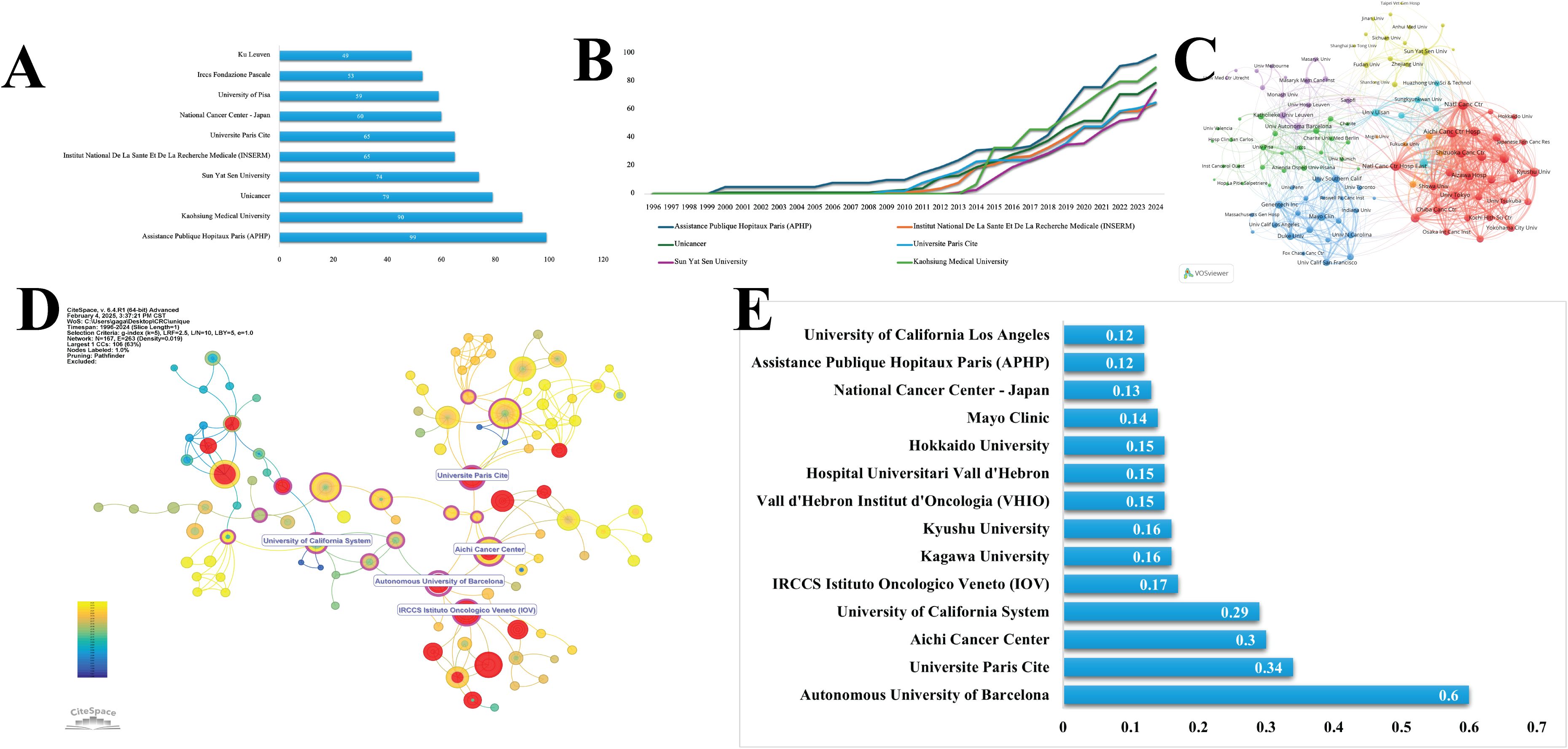 Diagram showing various graphs and network analyses. Panel A displays a horizontal bar chart of institutions by a numerical value. Panel B shows a line graph illustrating growth trends from 1996 to 2024 for several institutions. Panel C presents a complex network graph with nodes and connections between institutions. Panel D contains another network diagram emphasizing specific connections among universities. Panel E features a horizontal bar chart comparing institutions by scores ranging from 0.12 to 0.6.