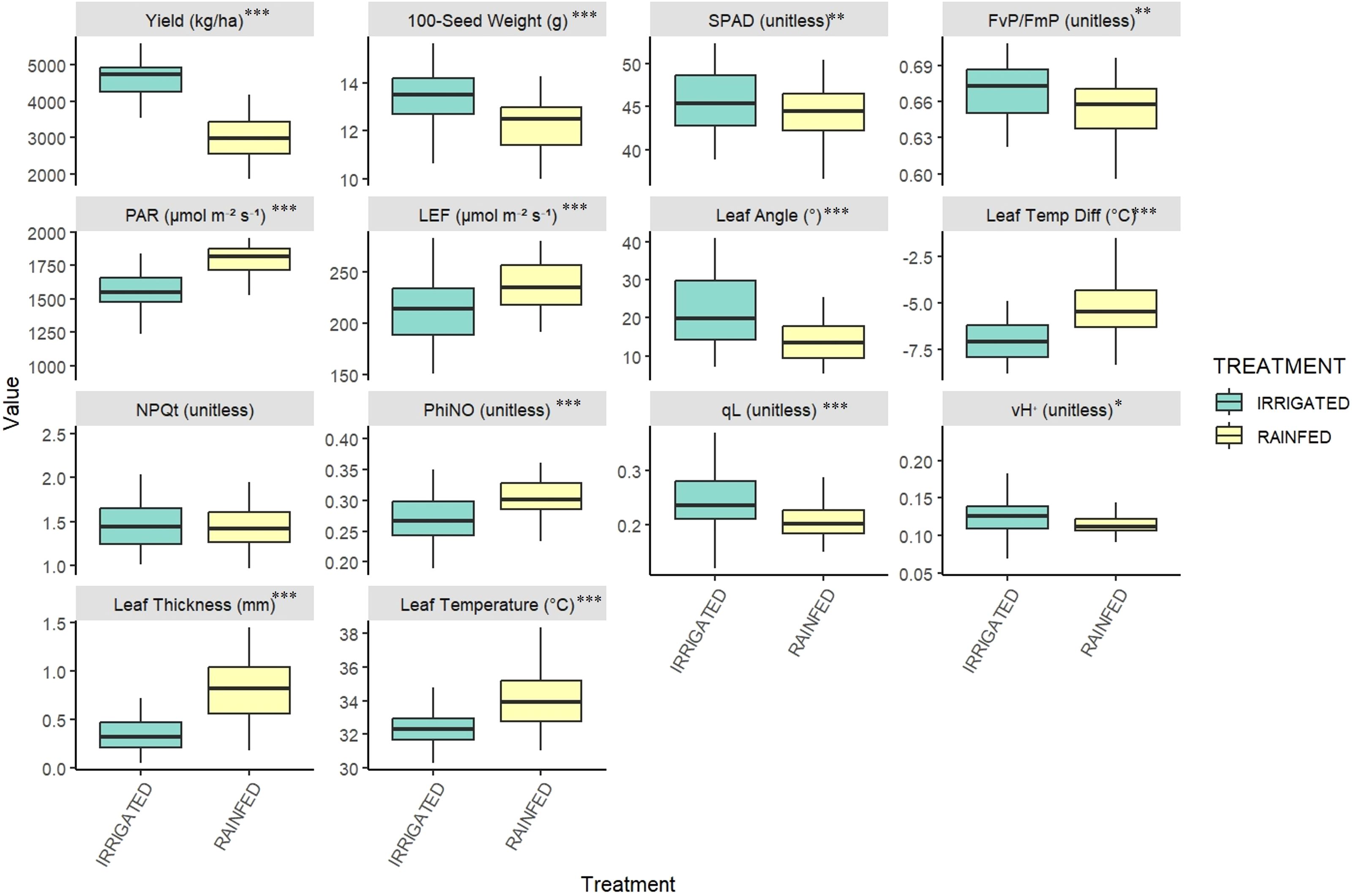 Box plots comparing various plant metrics between irrigated and rainfed treatments. Metrics include yield, seed weight, SPAD, FvP/FmP, PAR, LEF, leaf angle, leaf temperature difference, NPQt, PhiNO, qL, vH-, leaf thickness, and leaf temperature. Each plot shows higher values for irrigated treatment except for leaf temperature and thickness, where rainfed is higher. Statistical significance is noted with asterisks.