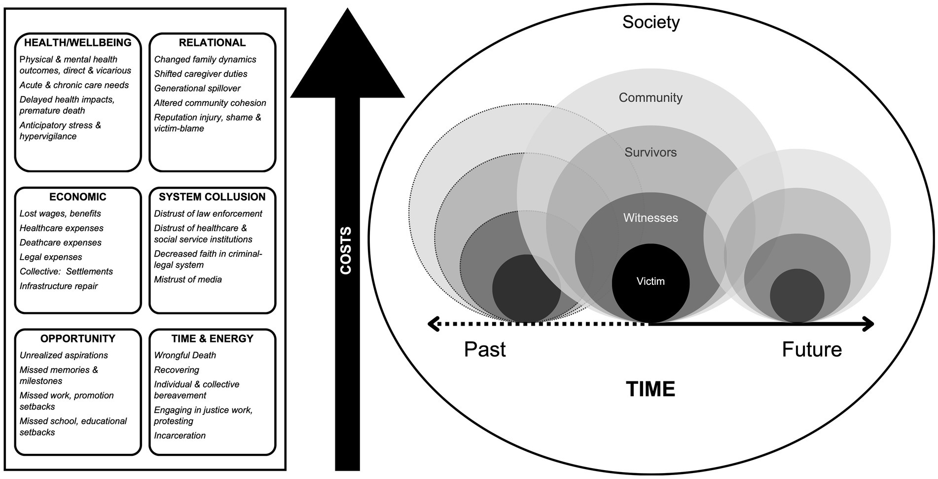 Diagram depicting the collective costs of police violence over time, illustrated by groups of four concentric circles that overlap and vary in size encompassed by a larger ellipse representing society. Each grouping represents the ballooning and shared impacts across victims (the inner most circle), witnesses, survivors, and the community (the outer circles). The horizontal axis shows “Time,” with past on the left and future on the right. The vertical axis indicates “Costs” increasing, and are categorized into health/wellbeing, relational, economic, system collusion, opportunity, and time/energy.As the circle size increases so do Costs and number of impacted people.