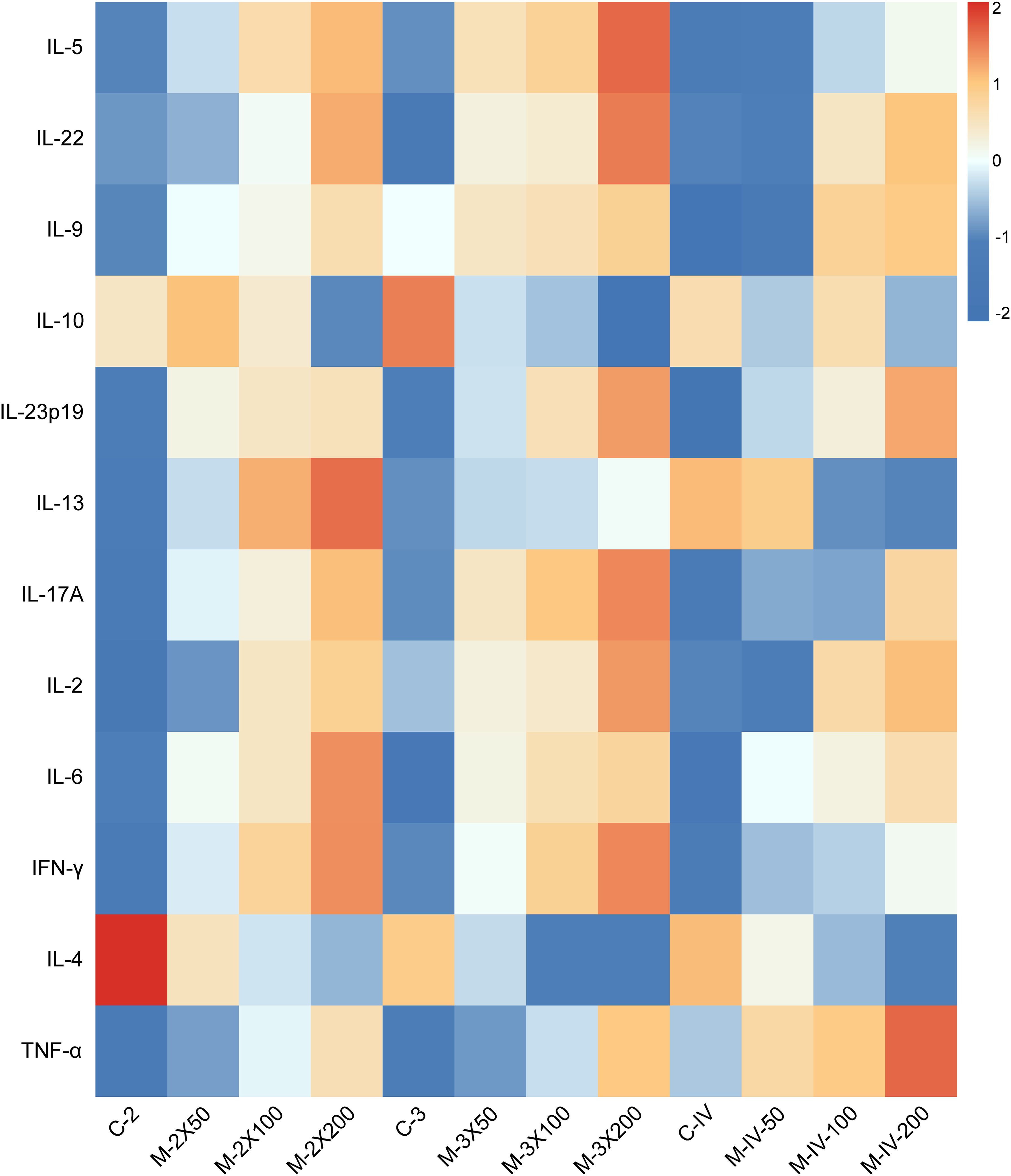 Heatmap showing expression levels of various cytokines, marked on the left: IL-5, IL-22, IL-9, IL-10, IL-23p19, IL-13, IL-17A, IL-2, IL-6, IFN-γ, IL-4, and TNF-α. Columns represent different treatment conditions, labeled C-2, M-2X50, M-2X100, M-2X200, C-3, M-3X50, M-3X100, M-3X200, C-IV, M-IV-50, M-IV-100, M-IV-200. Color scale on the right shows values from -2 (blue) to 2 (red).
