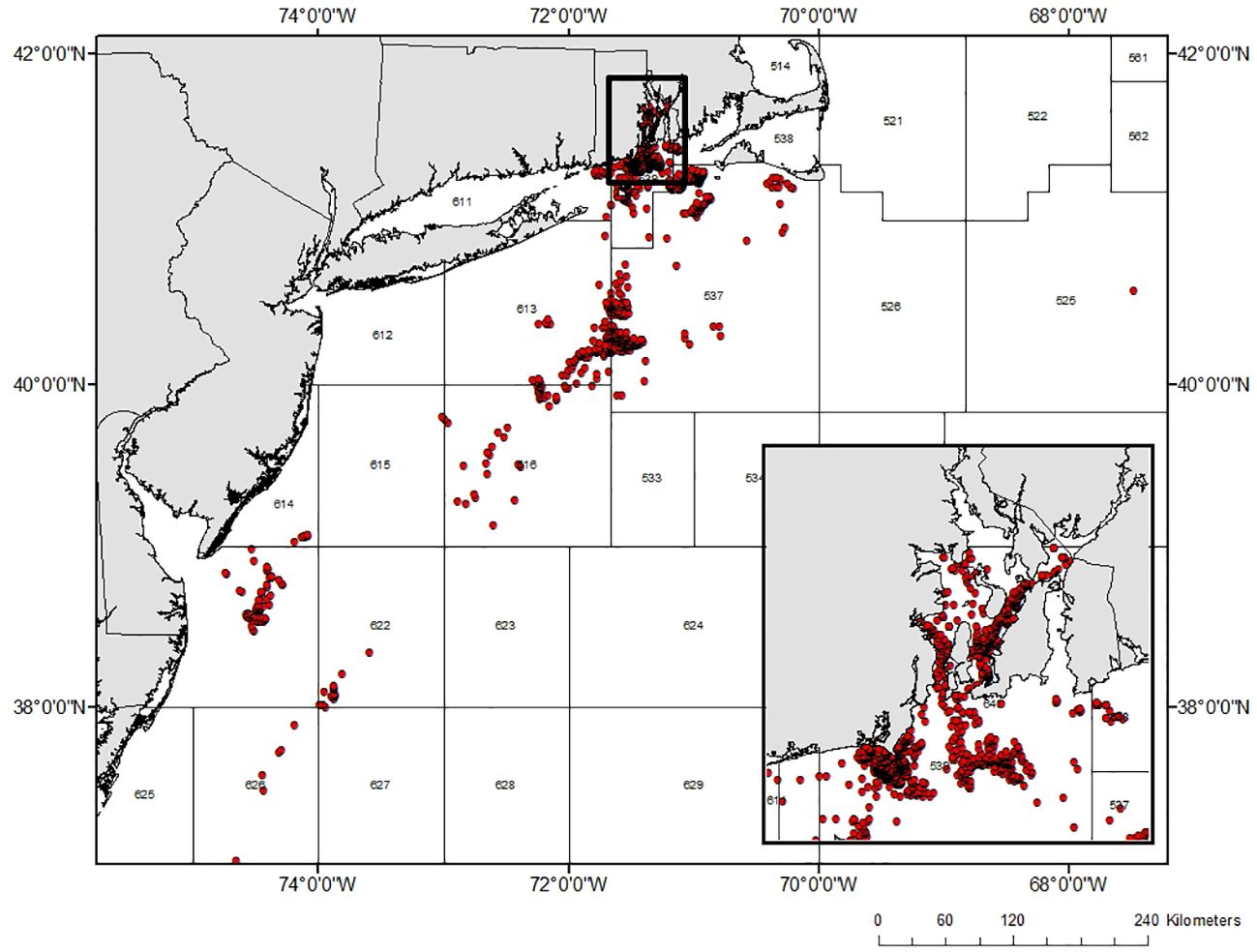 Map depicting locations in the northeastern United States, highlighting the ocean surrounding New Jersey, New York, Connecticut, and Rhode Island. Red dots indicate fishing locations. An inset zooms in on a dense cluster of red dots in the waters around Rhode Island. NOAA fishing statistical areas and coordinates are labeled, with a scale bar in kilometers provided at the bottom.
