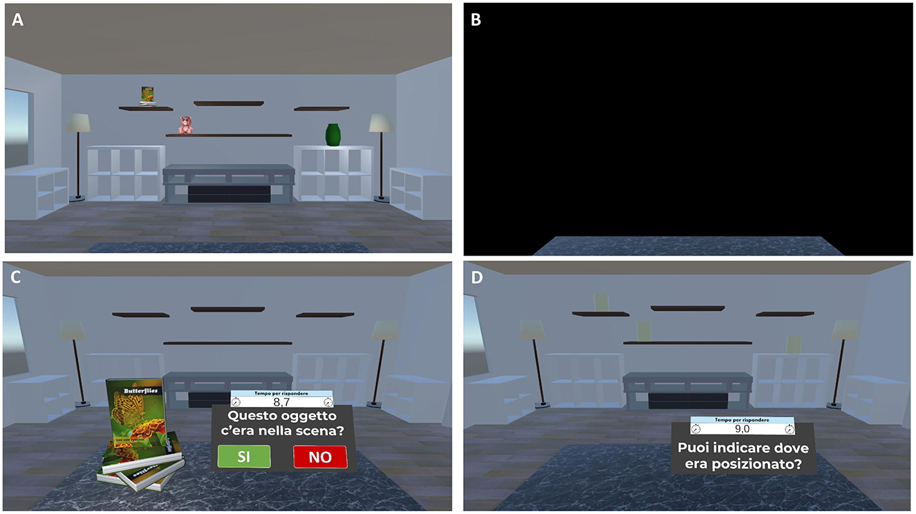 Panel A shows a virtual room with shelves and various objects, including a can, a figurine, and a vase. Panel B is a black screen. Panel C displays a virtual room with books and a prompt asking if an object was in the scene, with green “Yes” and red “No” buttons. Panel D shows the room with a prompt asking to indicate an object's position.