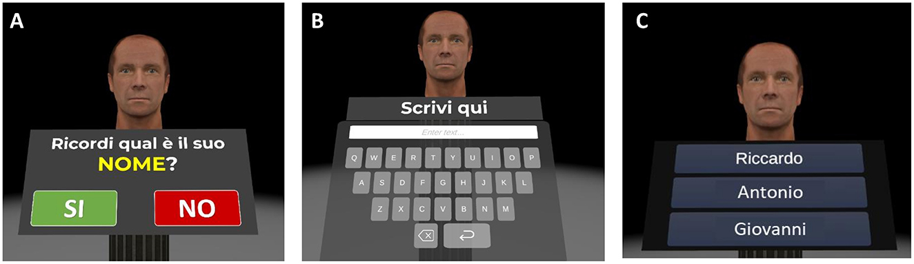 Panel A shows a human head above a prompt asking if you remember the name, with “Yes” and “No” buttons. Panel B displays a keyboard interface with “Type Here” written. Panel C presents the same head with three name options: Riccardo, Antonio, Giovanni.
