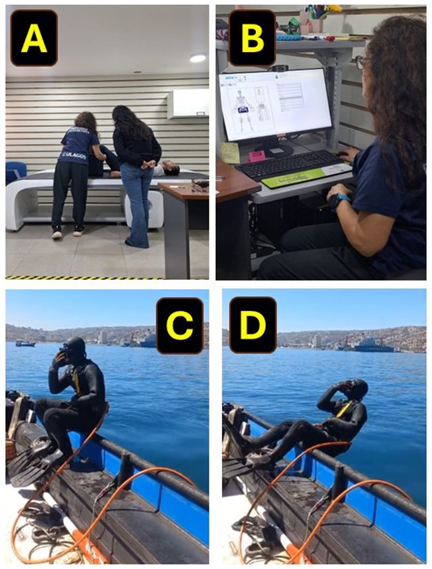 Panel A shows two individuals standing beside a table with a person lying down. Panel B depicts a person sitting at a desk, working on a computer displaying body diagrams. Panel C features a person in diving gear sitting on a boat by a calm sea. Panel D shows the same person leaning back on the boat, looking upwards.