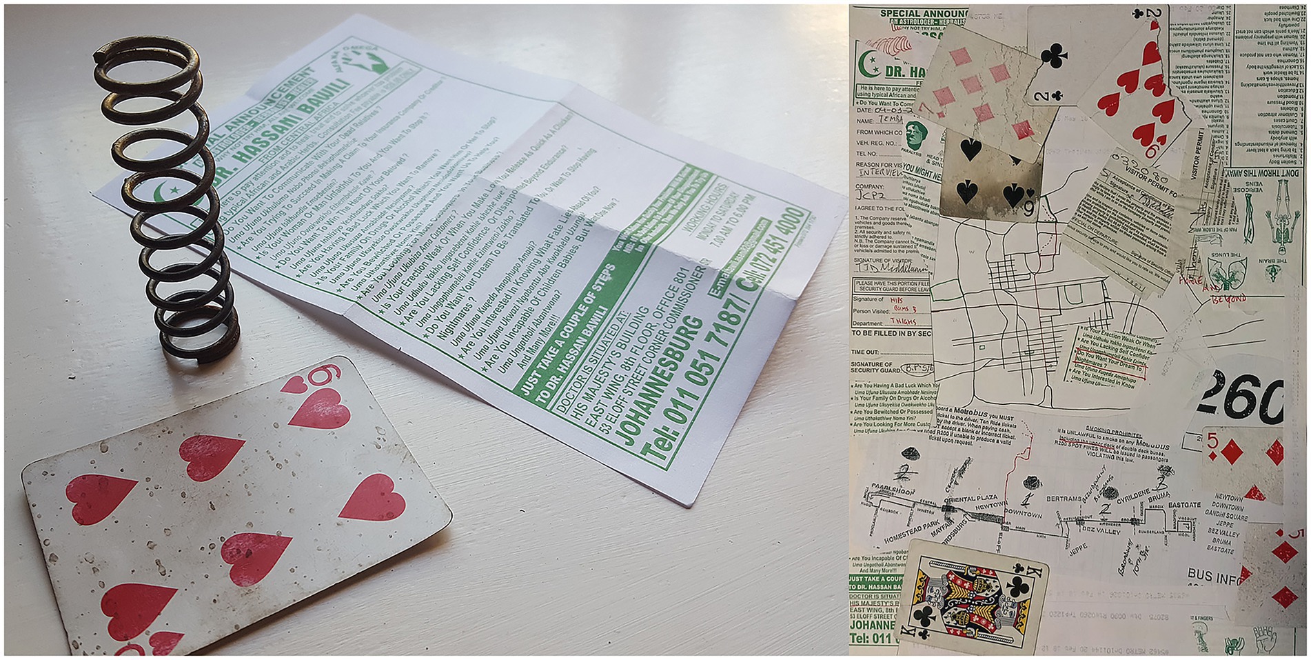 A collage featuring a metal coil, a playing card with five red hearts, and a folded paper with green text. The right side displays a collage of layered papers with various playing cards, maps, and printed text.