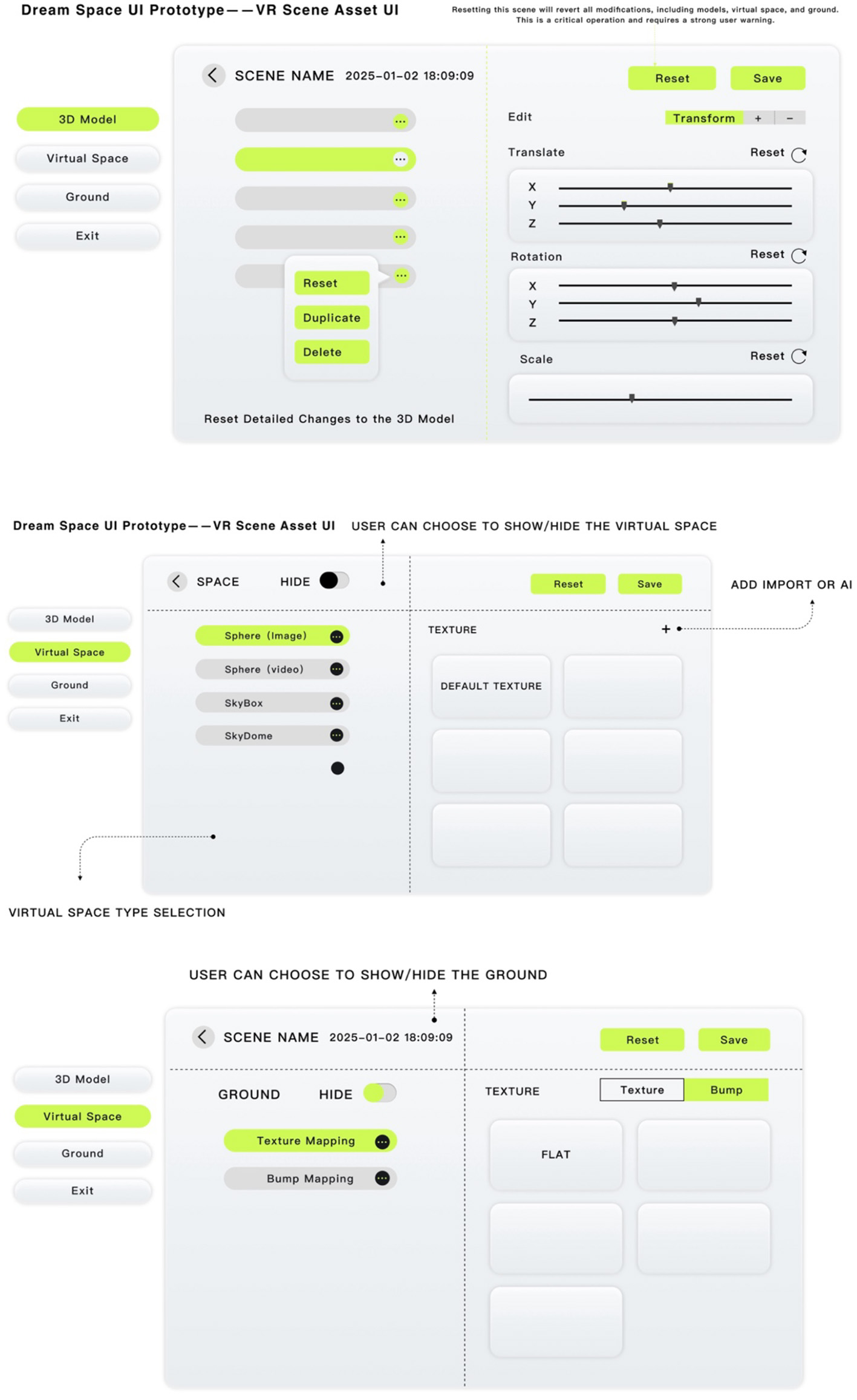 User interface prototype for a VR scene asset tool. The top section shows options for editing 3D models with controls for translating, rotating, and scaling. Buttons allow resetting, saving, duplicating, or deleting changes. The middle section is for selecting virtual space types, like Sphere or SkyBox, with texture options. The bottom section shows ground settings with texture mapping options. The interface includes buttons for resetting and saving changes, with navigational buttons on the side for 3D Model, Virtual Space, Ground, and Exit.