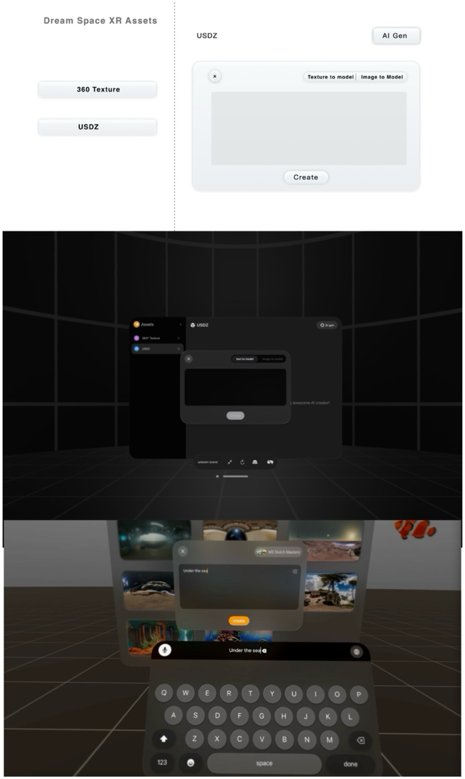 Interface for creating XR assets with sections for 360 textures and USDZ models. Includes tools for texture-to-model conversion and AI generation. Lower section shows asset previews and a keyboard input with text “Under the sea.”