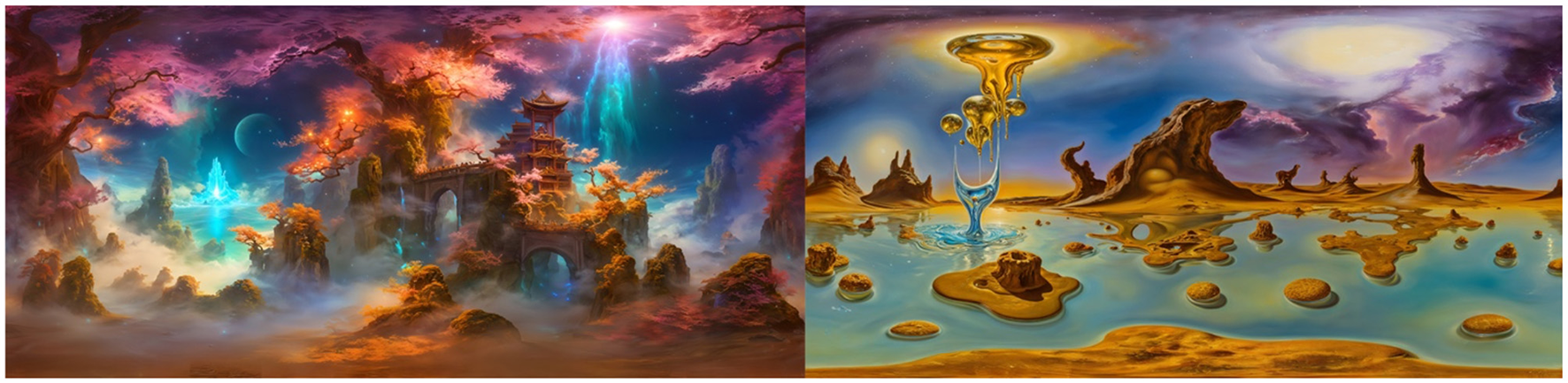 Colorful fantasy landscape divided into two scenes. The left side shows a mystical realm with glowing trees, celestial lights, and an ancient pagoda. The right side features a surreal desert with floating golden liquid formations and scattered rocky outcrops under a dramatic sky.