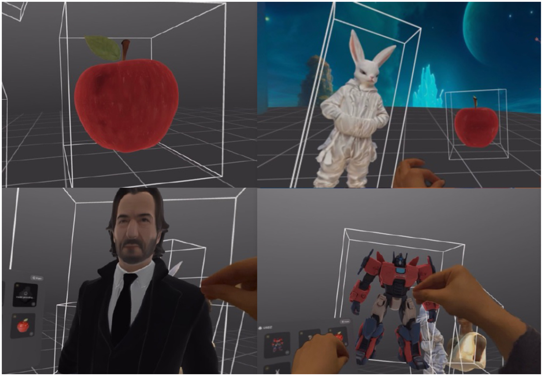 A collage of four virtual reality environments shows: a 3D model of a red apple, a humanoid rabbit in front of a celestial background, a suited man with a beard, and a robot figure. Each element is enclosed in a frame, with hands interacting in the scenes.