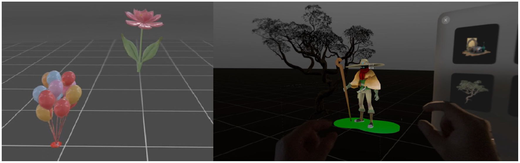 Digital environment with virtual objects. On the left, a pink flower and colorful balloons on a grid. On the right, a 3D character with staff stands near a tree, and a hand interacts with a digital interface.