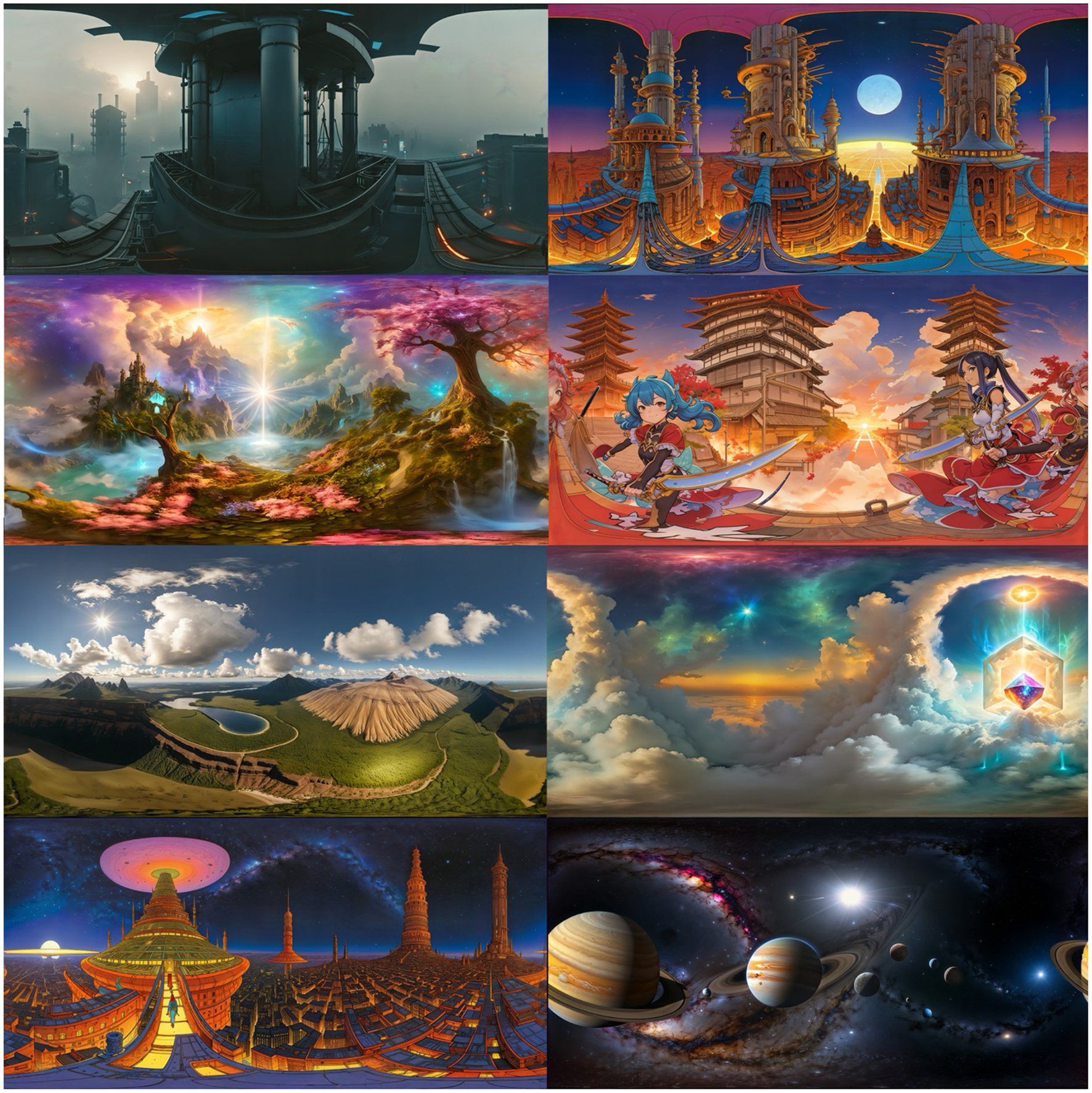 A collection of eight fantasy and sci-fi themed digital art scenes. Top left shows a futuristic industrial cityscape with a hazy atmosphere. Top right features majestic golden towers under a large moon. Middle left depicts a vibrant landscape with magical trees and a glowing star. Middle right displays two animated characters in traditional attire near pagodas at sunset. Lower left shows a panoramic view of a lush crater and mountains. Lower middle captures a colorful sky with a glowing gem and cloud formations. Bottom left illustrates a sci-fi cityscape with towering structures. Bottom right showcases a planetary system in space.