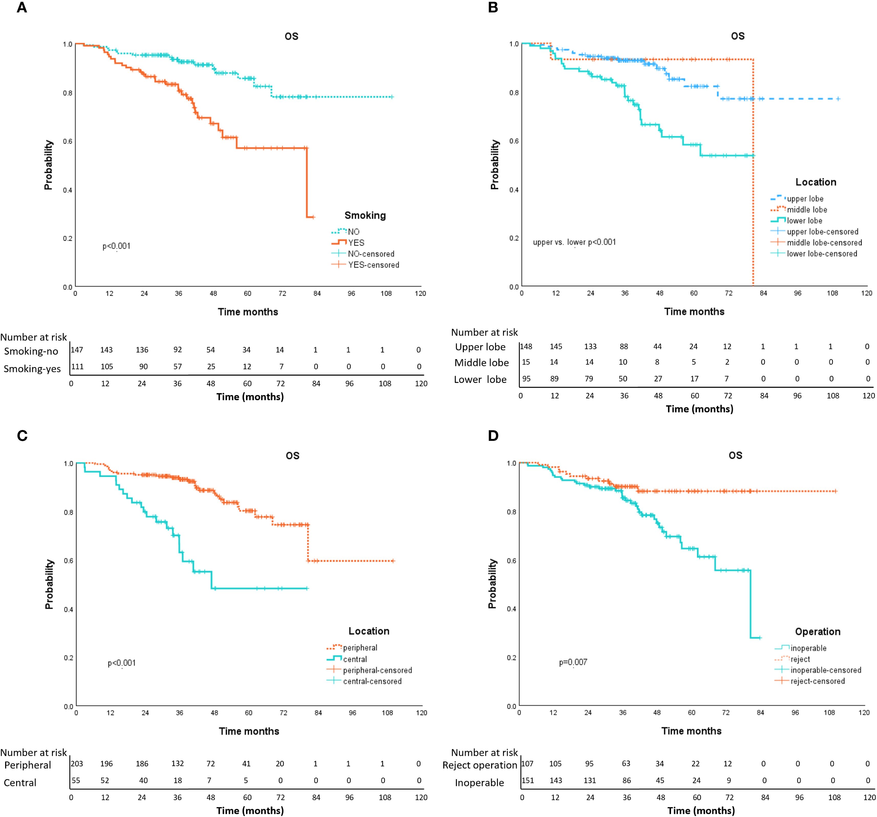 Four Kaplan-Meier survival curves (A-D), each showing overall survival probability over time in months. A: Compares survival based on smoking status (smoking: yes, no). Significance noted (p<0.001). B: Compares tumor location within lung lobes (upper, middle, lower), with upper versus lower significance (p<0.001). C: Compares survival by tumor location (peripheral, central), significant difference (p<0.001). D: Compares operability status (inoperable, reject operation), with significance (p=0.007). Each graph includes a table of “Number at risk” for respective categories.