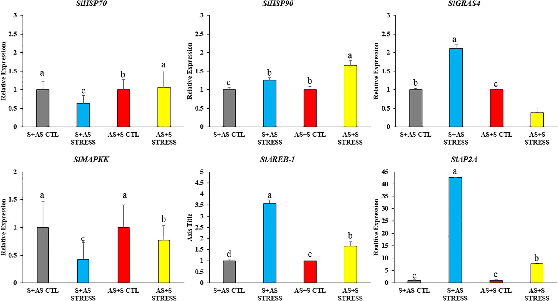 Bar charts showing relative expression of genes under different conditions: S+AS CTL, S+AS STRESS, AS+S CTL, and AS+S STRESS. Genes include SlHSP70, SlHSP90, SlGRAS4, SlMAPKK, SlAREB-1, and SlAP2a. Each condition is marked with letters a, b, c, or d to denote statistical significance between groups.