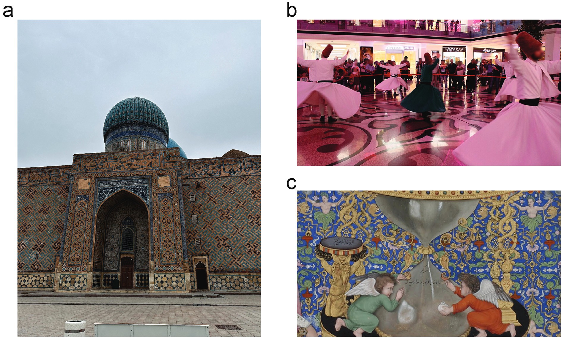 a. A large building with an intricately designed façade and a blue dome, showcasing traditional Islamic architecture and decorative patterns.b. Performers in white robes with tall brown hats spinning gracefully in a whirling dervish dance, with an audience watching in a lit indoor space.c. An intricate medieval-style illustration featuring two winged figures supporting a large hourglass, surrounded by elaborate, colorful patterns and embellishments.