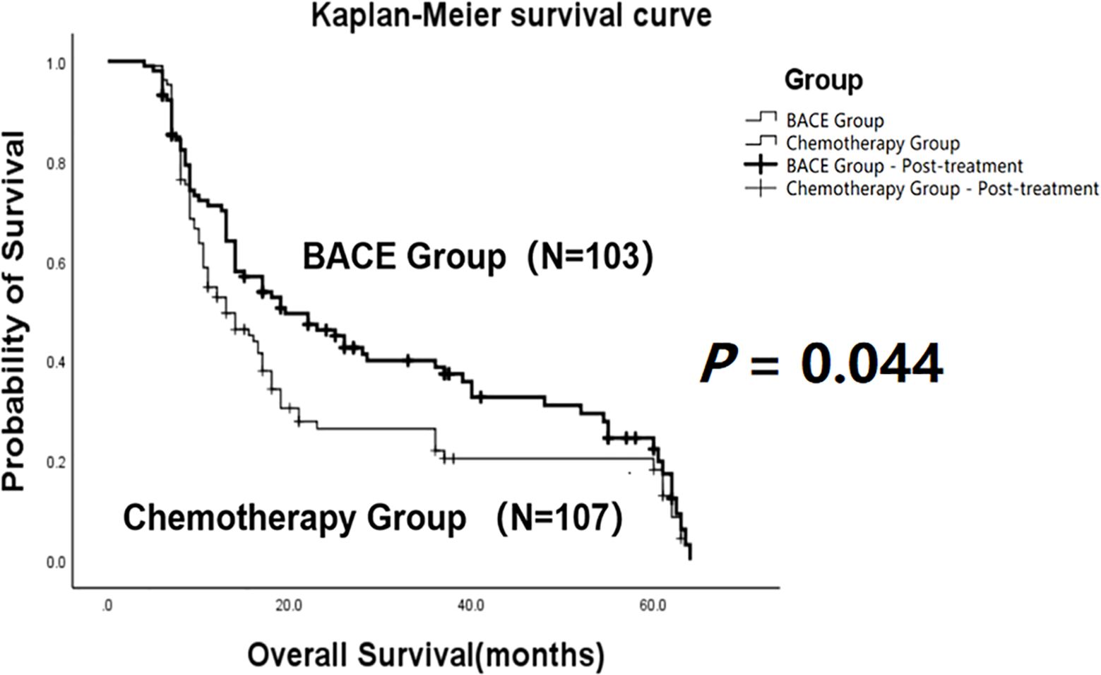 Kaplan-Meier survival curve comparing the BACE group (103 participants) and the Chemotherapy group (107 participants). The probability of survival decreases over 60 months. The BACE group shows higher survival probability, with a p-value of 0.044 indicating statistical significance.