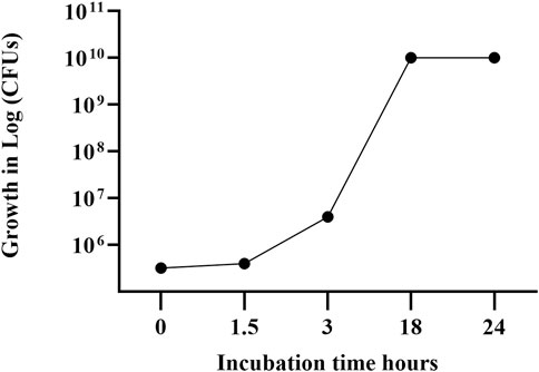 Line graph depicting bacterial growth measured in colony-forming units (CFUs) over time. The x-axis represents incubation time in hours, and the y-axis shows growth in logarithmic scale. Initial growth is minimal from zero to three hours, followed by a steep increase between three and eighteen hours, leveling off towards twenty-four hours.