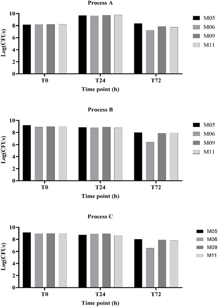 Bar charts titled Processes A, B, and C display log CFU counts for time points T0, T24, and T72. Each chart compares four data groups labeled M05, M06, M09, and M11. All charts show consistent log CFU levels initially, with minor variations at T72.