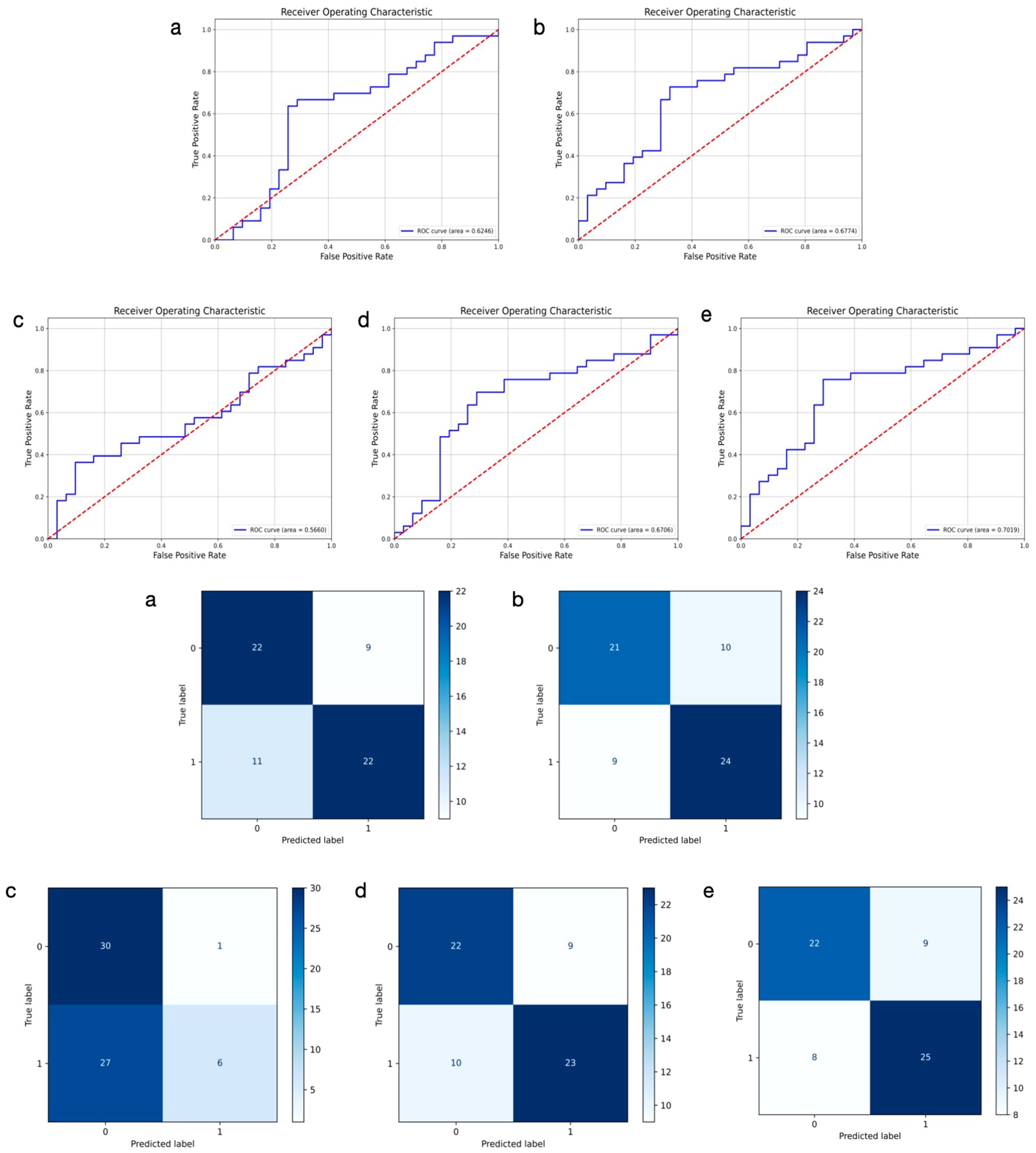 The image contains two rows of sub-images. The top row shows five Receiver Operating Characteristic (ROC) curves labeled a to e, each with varying Area Under the Curve (AUC) values indicating different model performances. The bottom row shows corresponding confusion matrices labeled a to e, displaying true versus predicted labels with varying counts of correct and incorrect predictions. Each matrix has a color scale representing the frequency of predictions.