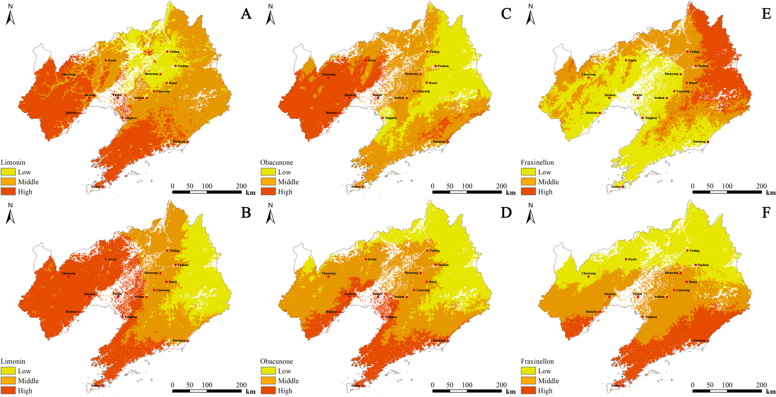 Maps labeled A to F display the distribution of compounds Limonin, Obacunone, and Fraxinellon across a geographic area. Each map uses color gradients—yellow (low), orange (middle), and red (high)—to indicate concentration levels. City names and a scale bar indicating distance in kilometers are present on each map.