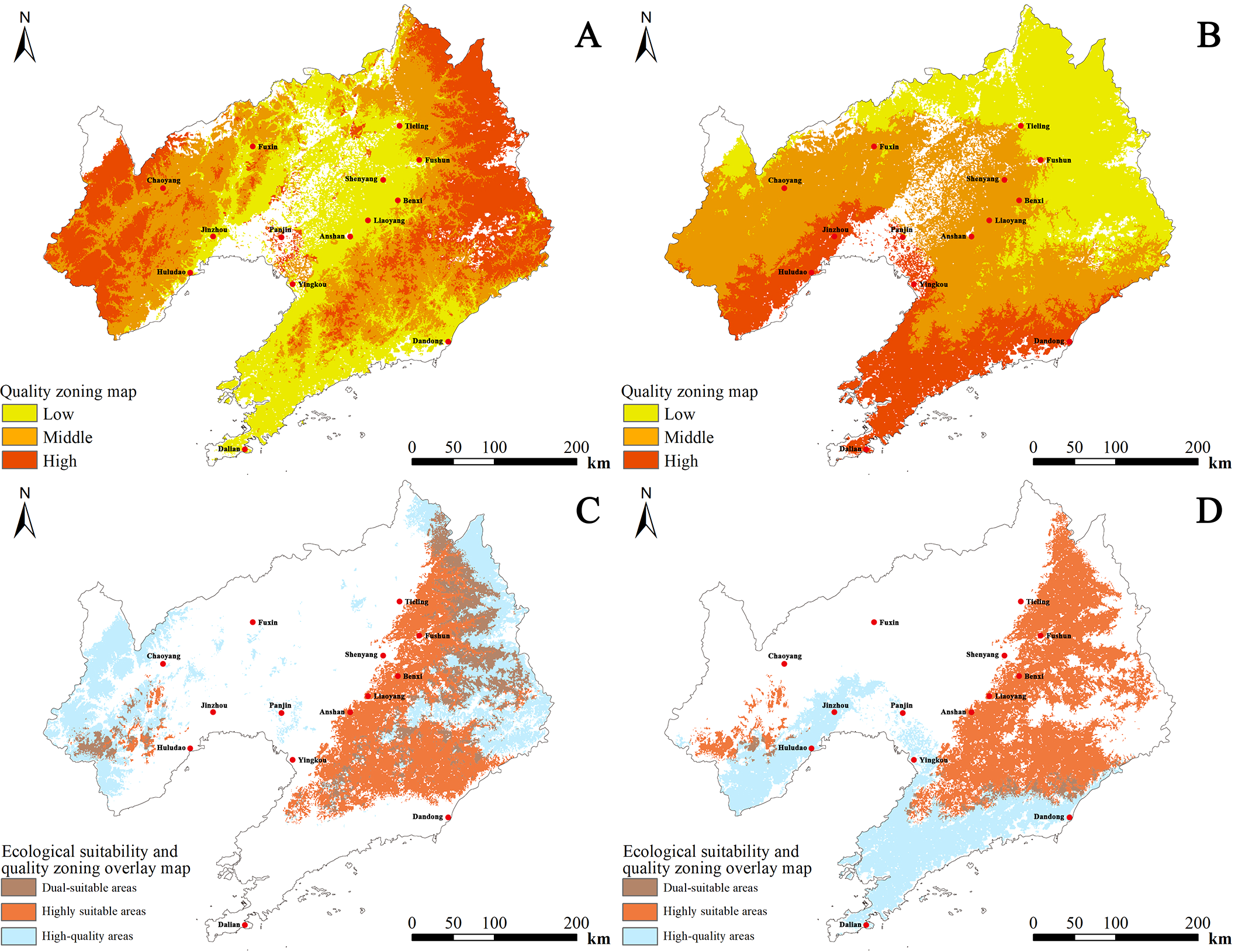 Maps illustrate quality zoning and ecological suitability for Liaoning Province. Maps A and B show areas classified as low, middle, and high quality using yellow, orange, and red colors. Maps C and D overlay ecological suitability with dual-suitable, highly suitable, and high-quality areas marked in brown, orange, and blue. Key cities like Dalian, Shenyang, and Dandong are labeled. North is marked by an arrow. A scale bar denotes distance in kilometers.