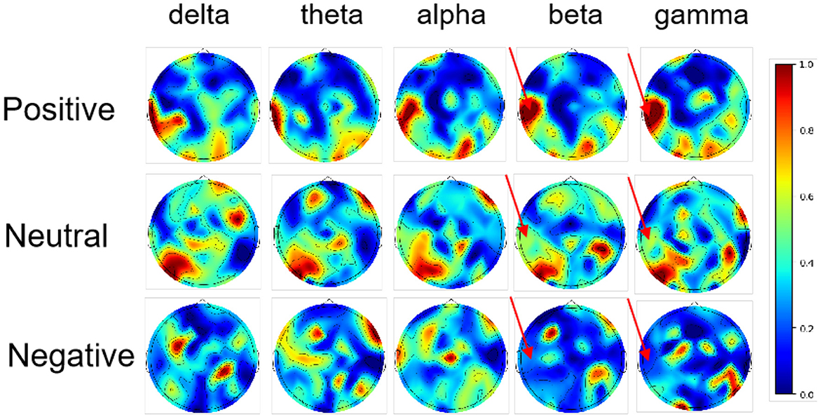 Twelve topographic brain maps are arranged in a grid showing different brainwave frequencies: delta, theta, alpha, beta, and gamma, across three emotional states: positive, neutral, and negative. Each map displays a range of colors from blue to red, indicating varying levels of brain activity. A color scale on the right ranges from 0.0 (blue) to 1.0 (red).