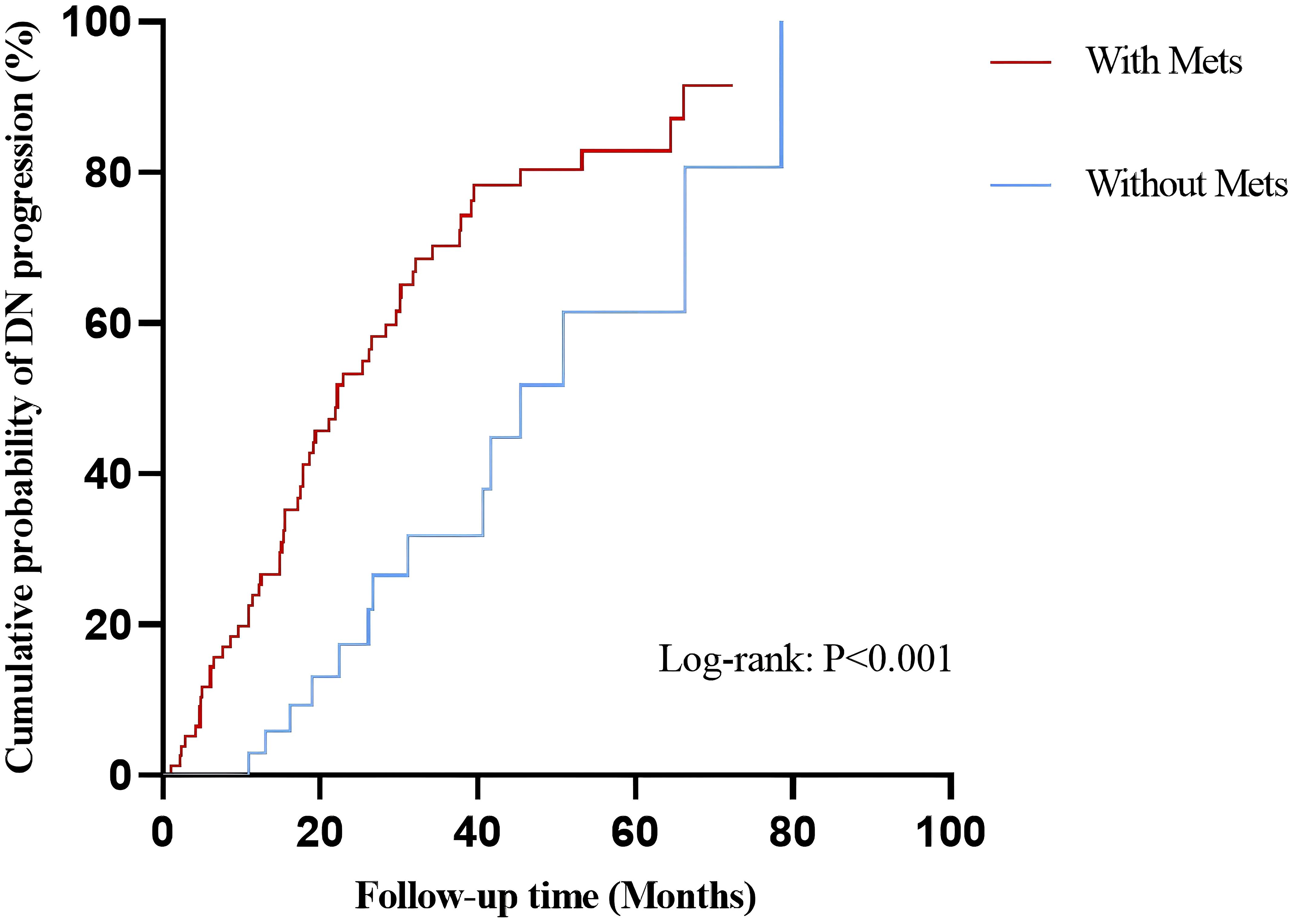 A Kaplan-Meier survival curve shows the cumulative probability of DN progression over 100 months. The red line represents patients with mets, indicating a higher progression rate than the blue line for those without mets. The log-rank test shows a significant difference with P<0.001.
