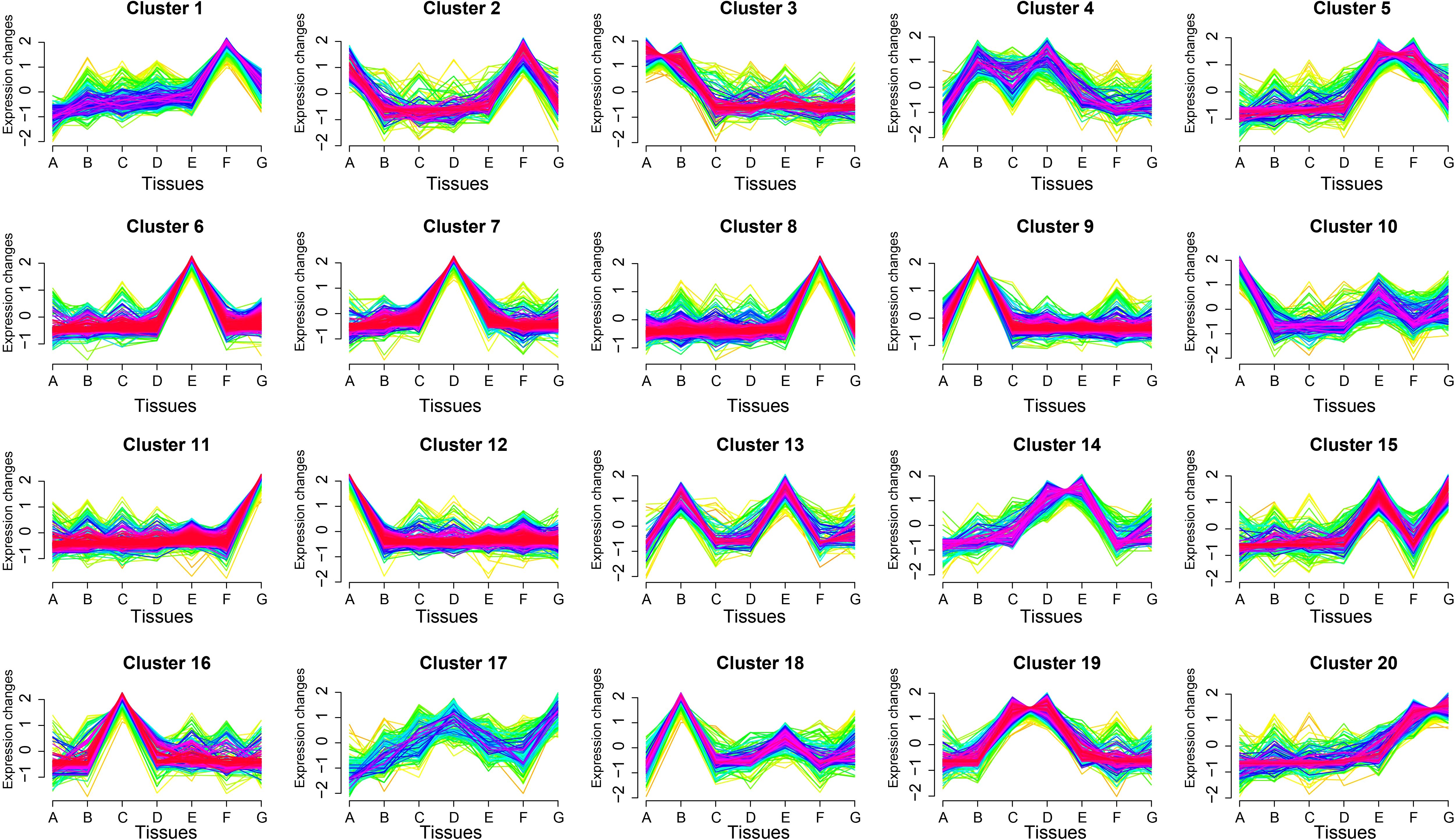 Twenty line graphs display expression changes across seven tissues labeled A to G for different clusters. Each graph shows variations in expression levels, with lines in multiple colors representing different samples or metrics, highlighting trends and fluctuations.