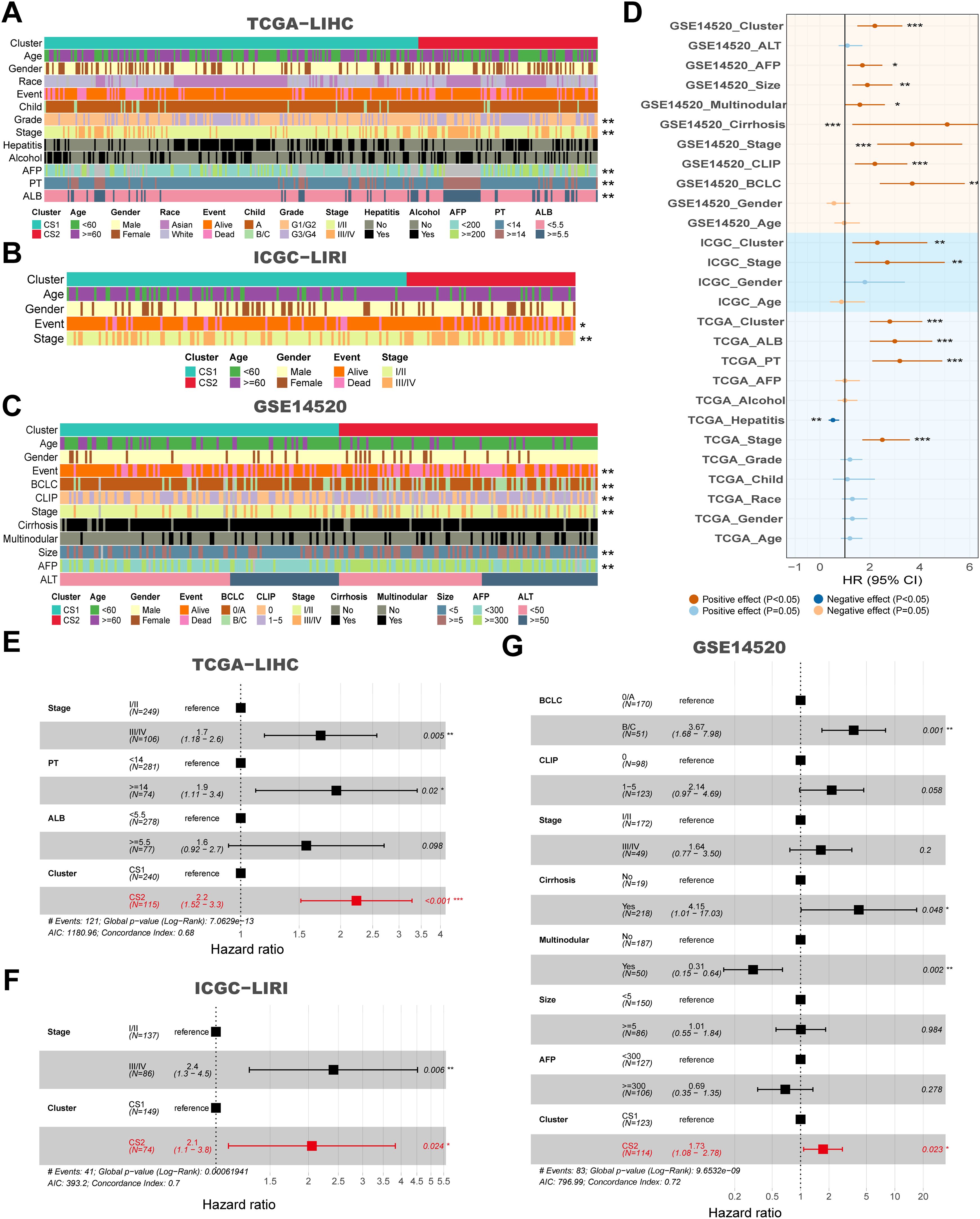 Three panels (A, B, C) display heatmaps for TCGA-LIHC, ICGC-LIRI, and GSE14520 datasets, showing patient data on clusters, age, gender, race, event, stage, and biomarkers. Panel D is a forest plot showing hazard ratios for various factors across datasets. Panels E, F, and G present forest plots of hazard ratios for TCGA-LIHC, ICGC-LIRI, and GSE14520, respectively, highlighting significant effects on patient outcomes. The plots differentiate positive and negative effects with color coding.