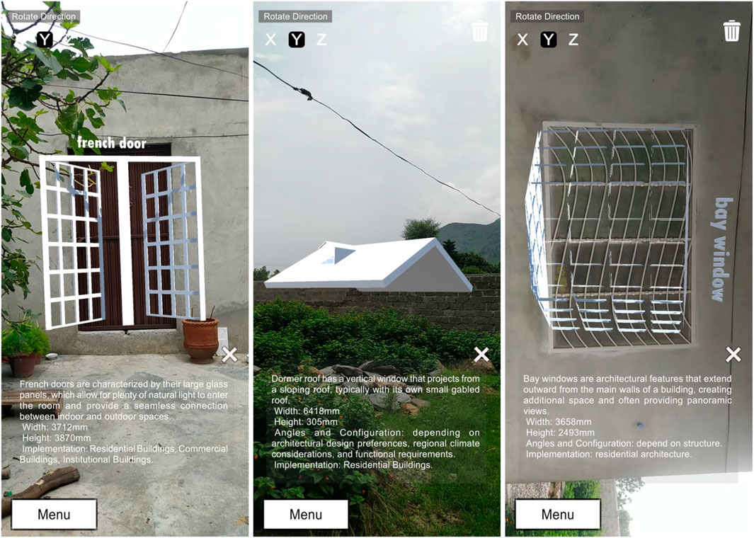 Three-panel image showing augmented reality models of architectural elements. The first panel depicts a French door overlay on a building with descriptive text about its natural light benefits and specifications. The second panel features a dormer roof model with specifications like width, height, and implementation details in residential buildings. The third panel displays a bay window model, mentioning its role in extending space and providing views, along with dimensional data.