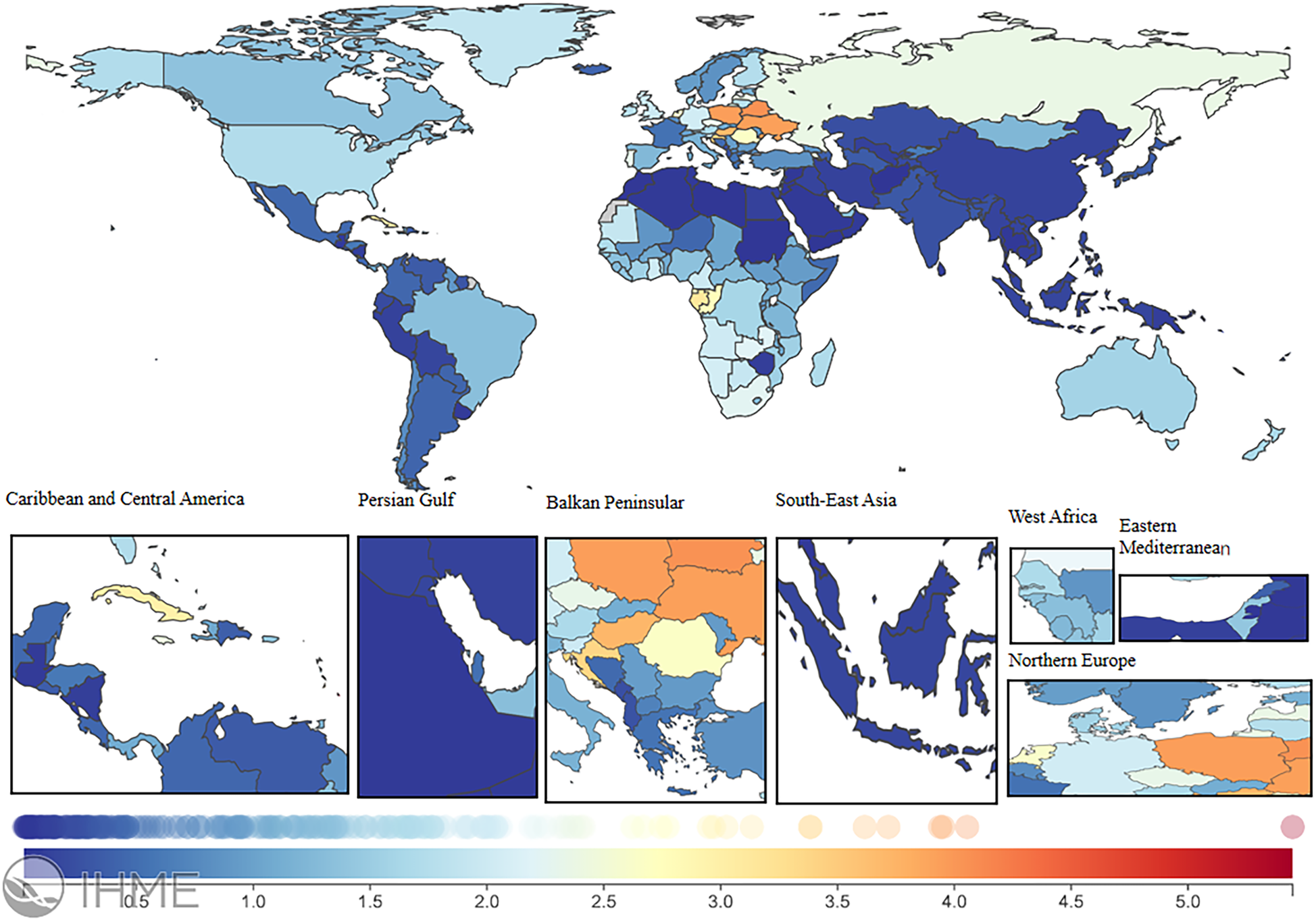 World map displaying ASMR burden of LEPAD data, with regions colored from dark blue to red, representing lower to higher IFR values. Insets show detailed views of specific regions like the Caribbean, Persian Gulf, and South-East Asia. A color scale at the bottom ranges from 0.5 (dark blue) to 5.0 (red).