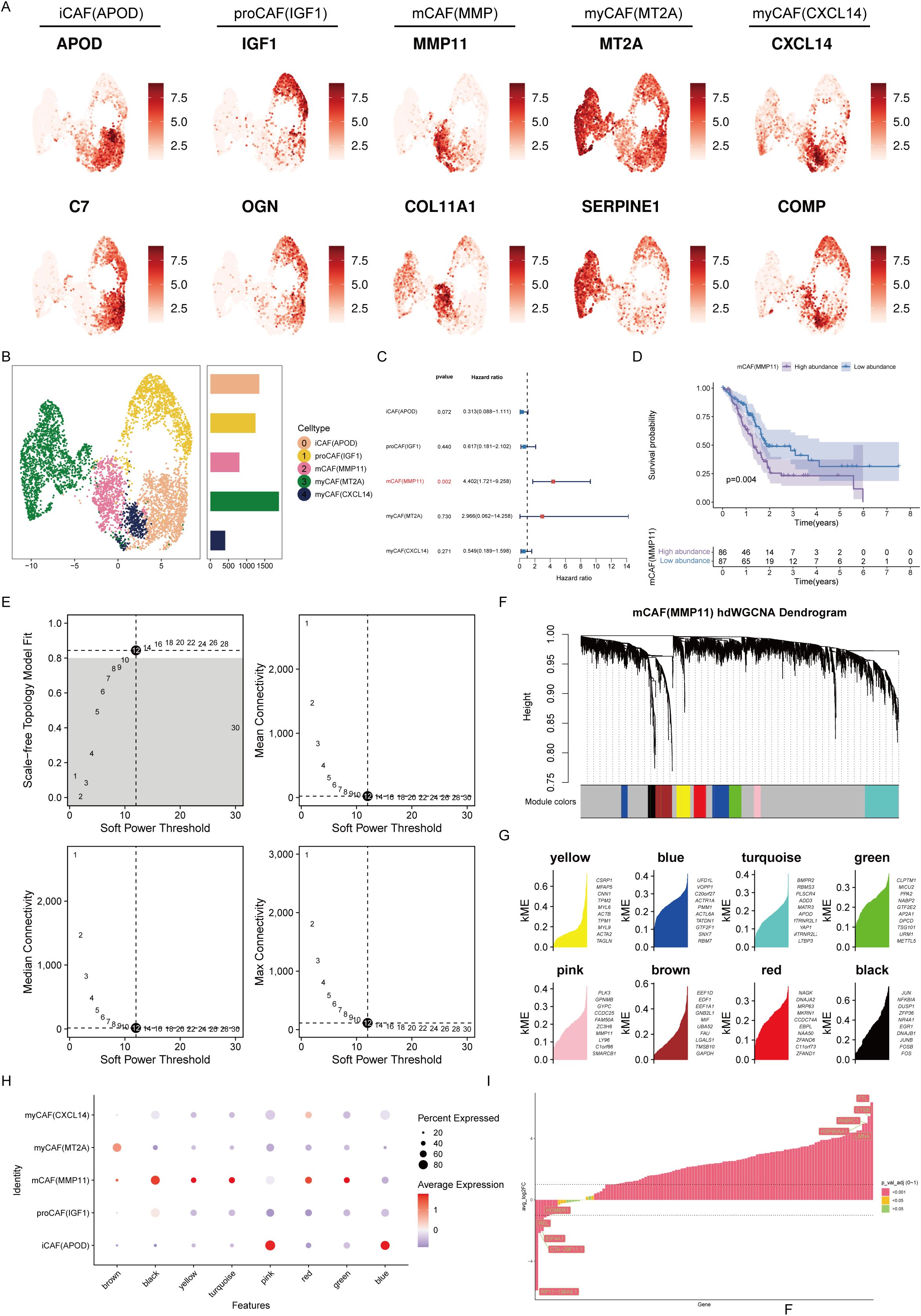 Multiple panels show data visualizations related to cancer-associated fibroblasts (CAF) research. A: Expression heatmaps for specific genes, indicated by red gradients. B: Scatter plot shows cell type distribution with color-coded categories. C: Forest plot displays hazard ratios and p-values for CAF types. D: Kaplan-Meier survival curves for MMP11 abundance groups. E: Graphs evaluate topology models' fit against soft power thresholds. F: Dendrogram for mCAF(MMP11) module clustering. G: Bar charts show module eigengenes for different colors. H: Dot plot of gene expression levels and percentages across cell types. I: Bar chart of genes ordered by expression levels, color-coded by cell type.