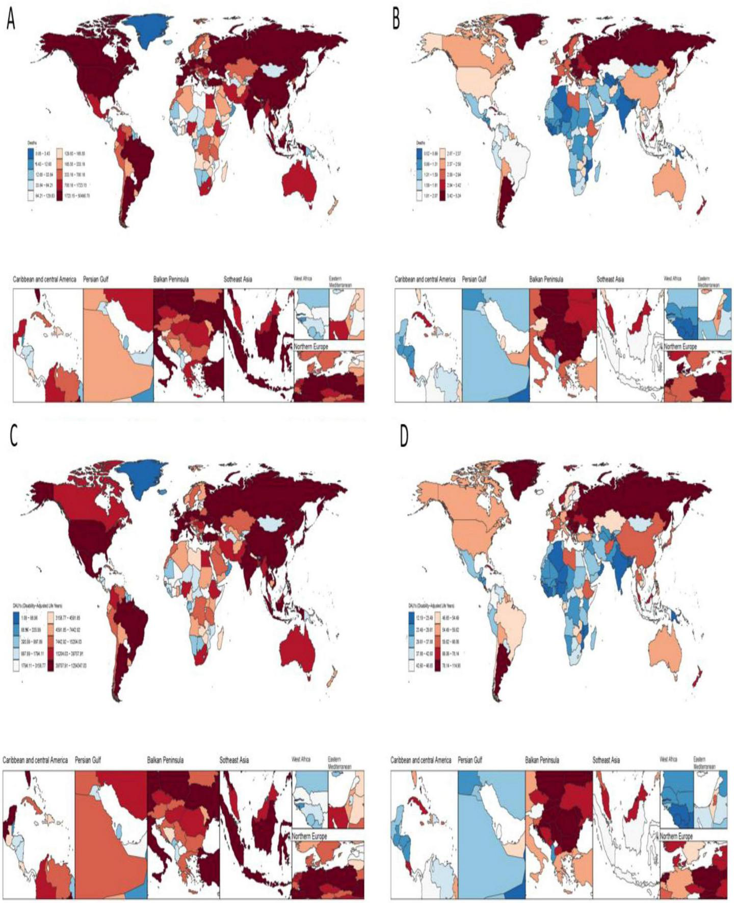 Four world maps (A, B, C, D) display data using color gradients ranging from blue to red. Each map has regional insets for Caribbean and Central America, Persian Gulf, Balkan Peninsula, Southeast Asia, West Africa, and Northern Europe. The maps represent differing datasets, indicated by distinct legends, showing quantitative variations in unspecified metrics across countries and regions.