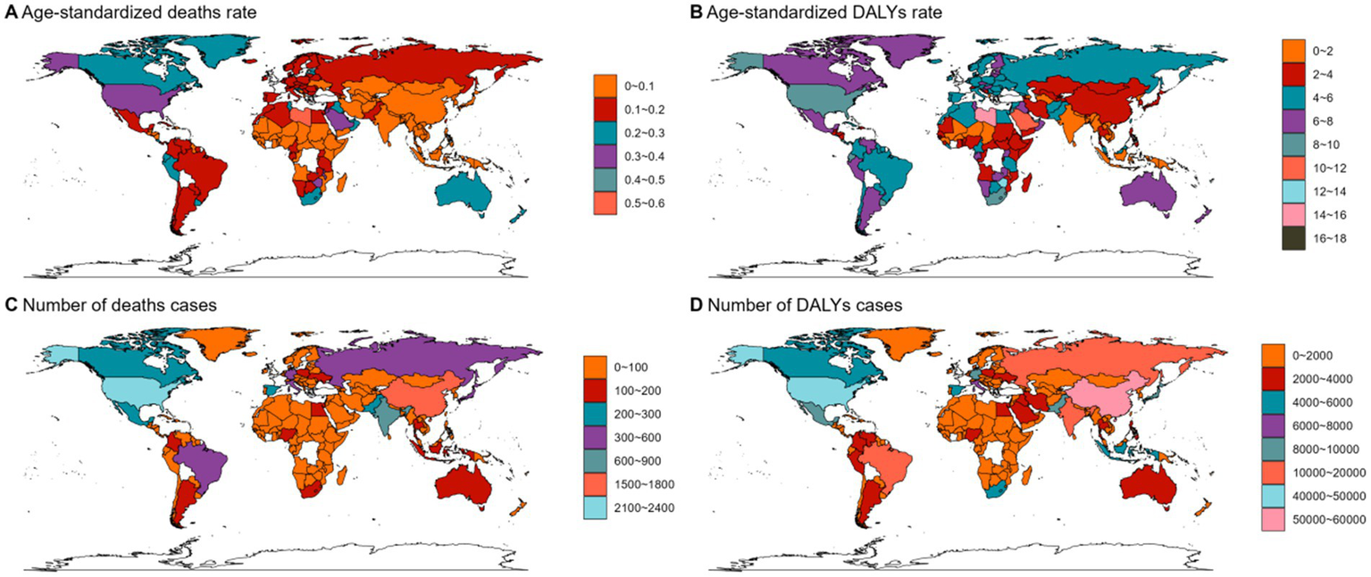 World maps showing: A) Age-standardized death rates, B) Age-standardized DALY rates, C) Number of death cases, and D) Number of DALY cases. Each map uses a color scale to represent data ranges, with legends indicating specific values.