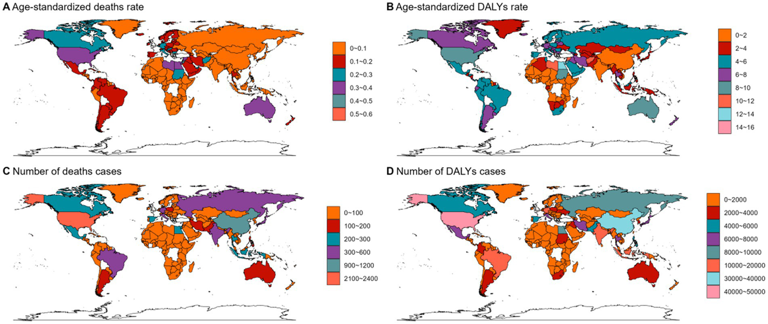 Four world maps illustrate data on deaths and DALYs. Map A shows age-standardized death rates using a color scale from 0.0 to 0.6. Map B presents age-standardized DALYs rates ranging from 0 to 16. Map C indicates the number of death cases from 0 to 2,400. Map D details DALYs cases, shaded between 0 and 50,000. Each map uses a distinct color legend, emphasizing geographical variations.