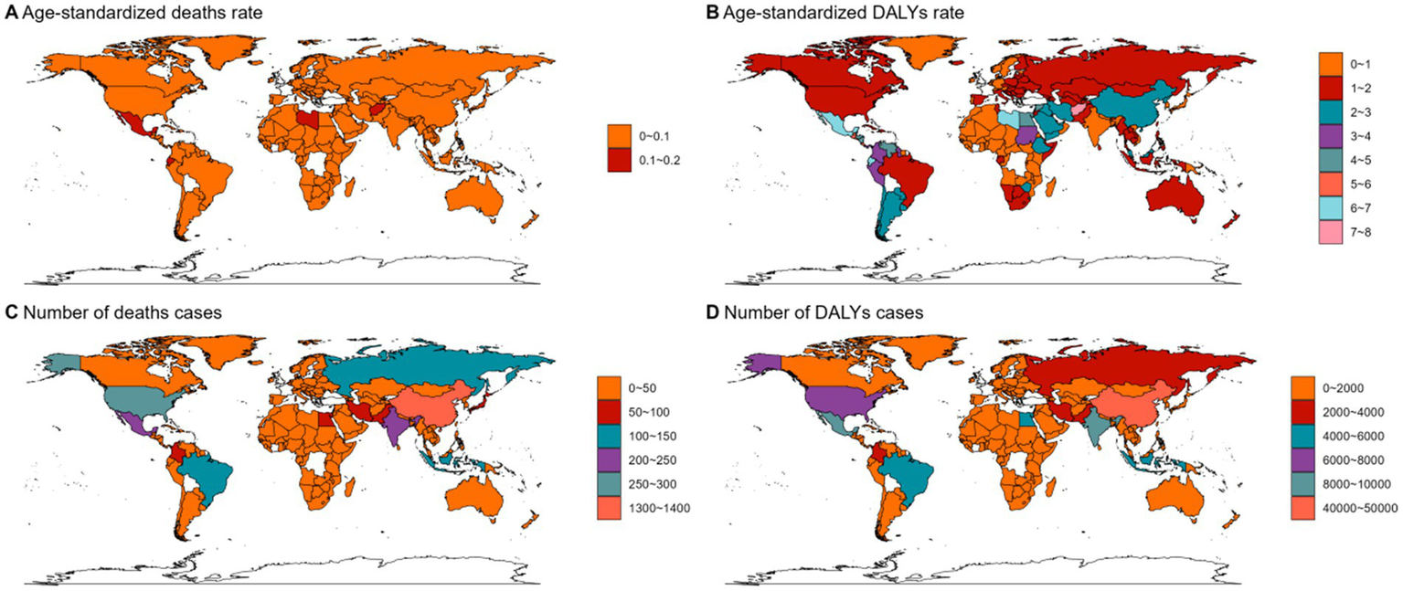 Four world maps display data related to age-standardized death rates and DALYs. Map A shows age-standardized death rates using a color gradient from light to dark orange. Map B depicts age-standardized DALY rates with a multicolored scale. Map C shows the number of death cases, using various colors from orange to pink. Map D illustrates the number of DALY cases with a similar color range. Each map includes a legend explaining the color coding.