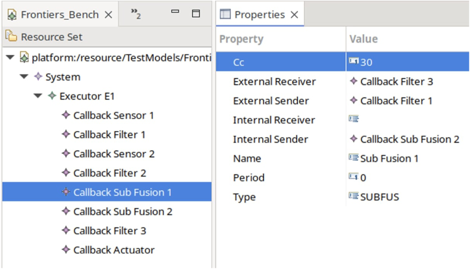 A software interface displaying a hierarchical tree structure on the left, labeled "System," with items like "Executor E1" and "Callback Sensor 1." On the right, a properties pane lists attributes like "External Receiver" and "Name," some with specified values. The selected item is "Callback Sub Fusion 1."