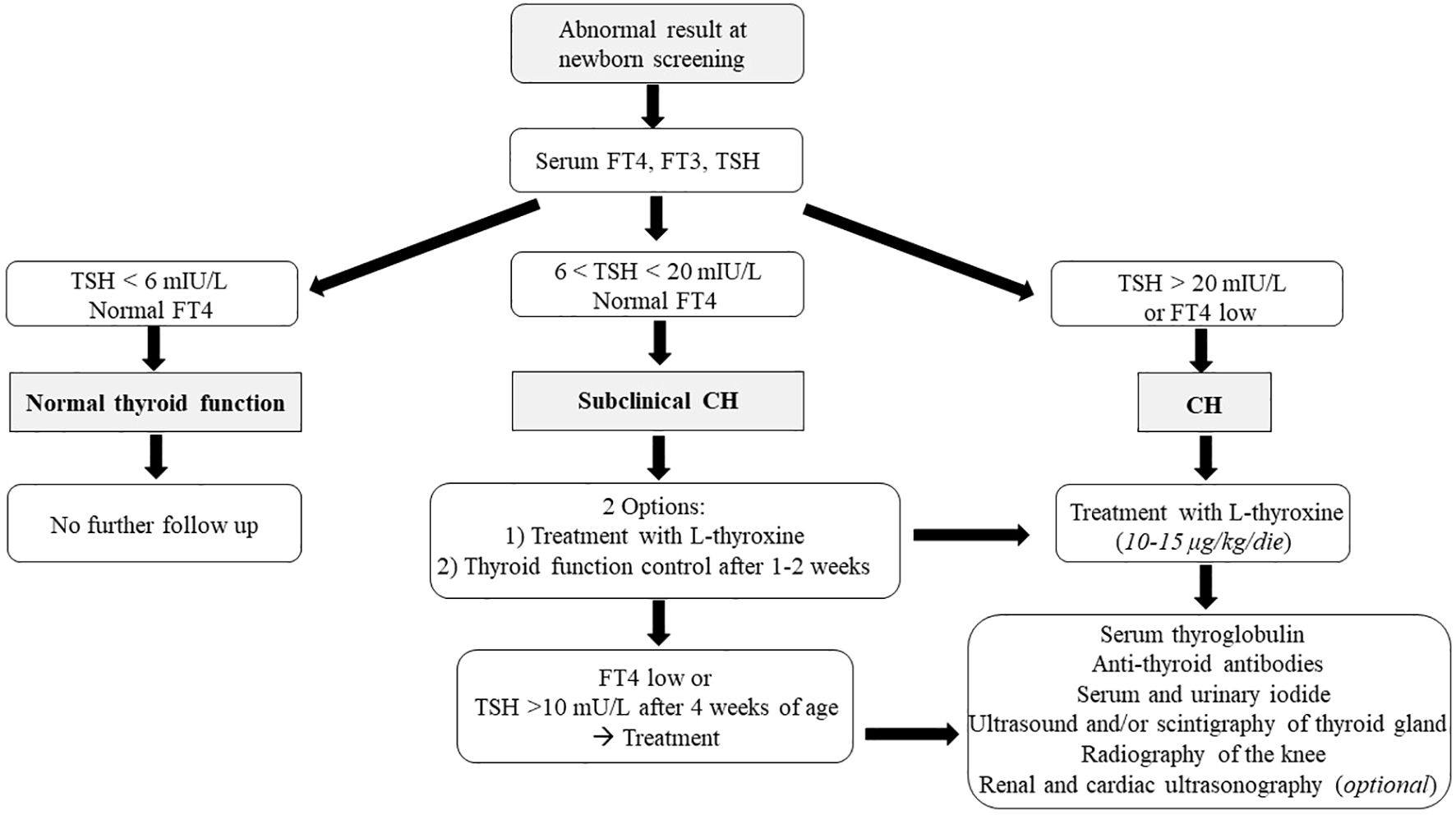 Flowchart outlining the process following an abnormal newborn screening result for thyroid function. It begins with serum FT4, FT3, TSH testing. If TSH is below 6 mIU/L with normal FT4, it indicates normal thyroid function with no follow-up needed. If TSH is between 6 and 20 mIU/L with normal FT4, it suggests subclinical congenital hypothyroidism, leading to options for L-thyroxine treatment or thyroid function control after one to two weeks. If TSH is above 20 mIU/L or FT4 is low, congenital hypothyroidism is confirmed, leading to L-thyroxine treatment and further assessments, including serum thyroglobulin, anti-thyroid antibodies, and imaging tests.
