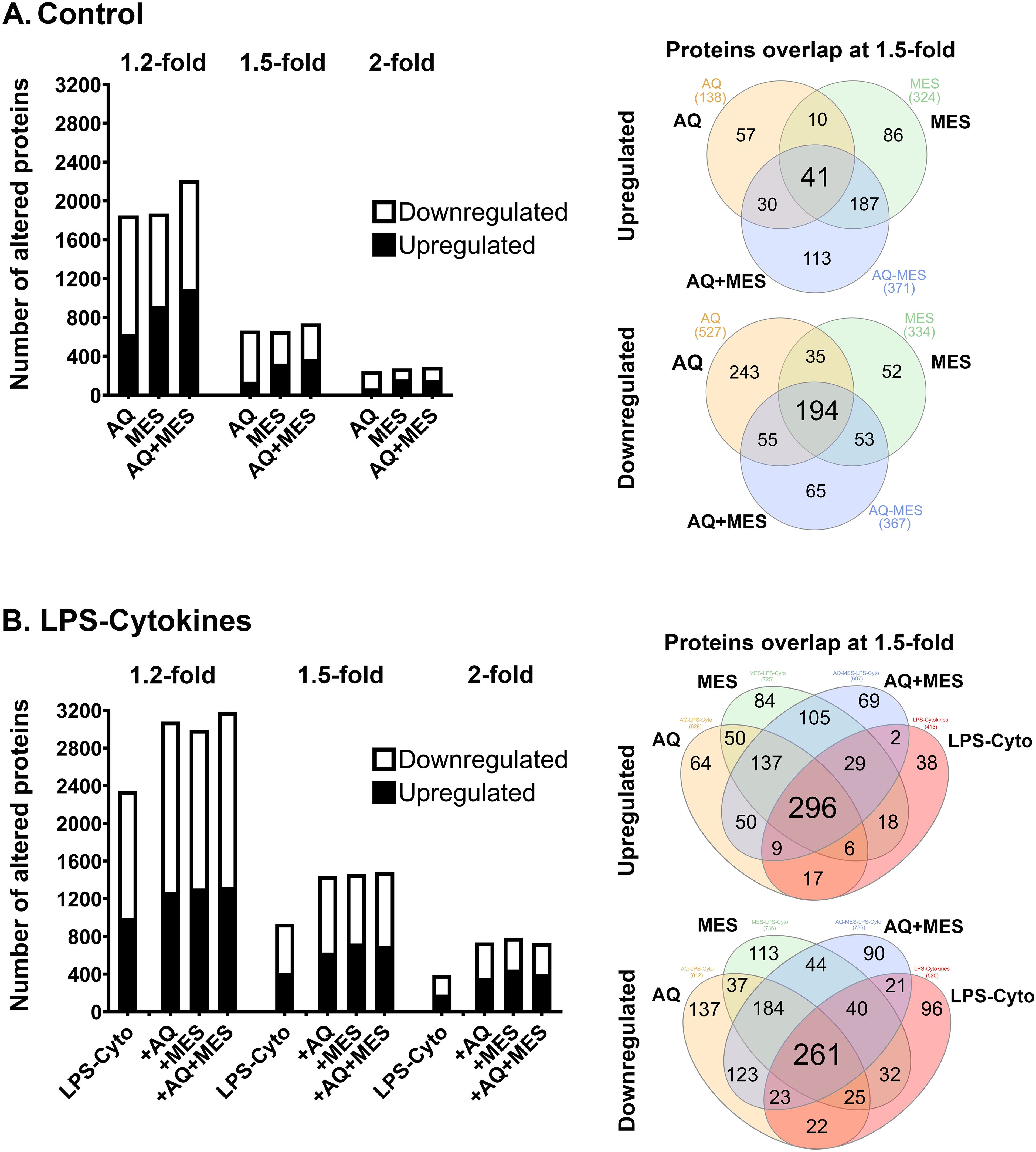 Bar graphs and Venn diagrams show protein regulation under Control and LPS-Cytokines conditions. Bar graphs depict upregulated and downregulated proteins at 1.2, 1.5, and 2-fold changes. Venn diagrams display protein overlaps at 1.5-fold. Under Control, overlaps are shown for upregulated and downregulated proteins among AQ, MES, and AQ+MES. For LPS-Cytokines, overlaps include LPS-Cytokines, AQ, MES, and AQ+MES.